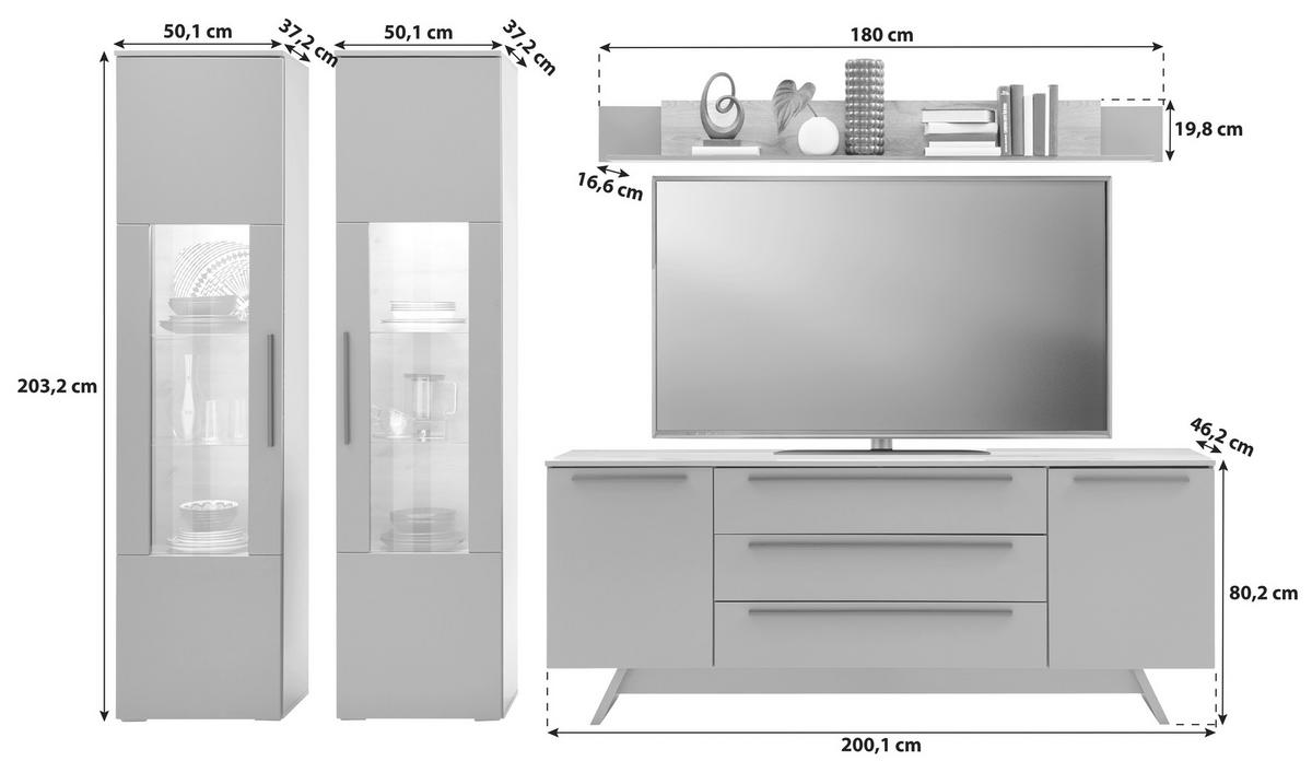 Wohnkombination 4-Tlg. Atlanta Grau/Eiche Dekor - Eichefarben/Silberfarben, MODERN, Glas/Holzwerkstoff (300,3/203,2/46,2cm)