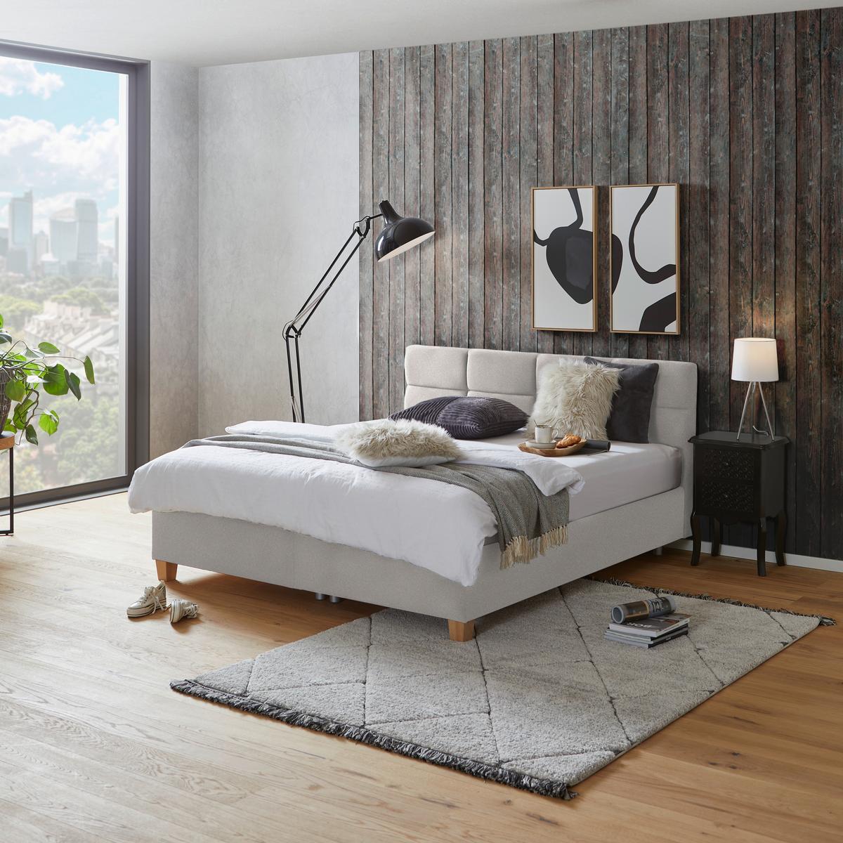 Polsterbett mit Bettkasten 140x200 Bellagio Creme - Buchefarben/Creme, KONVENTIONELL, Holz/Textil (140/200cm)