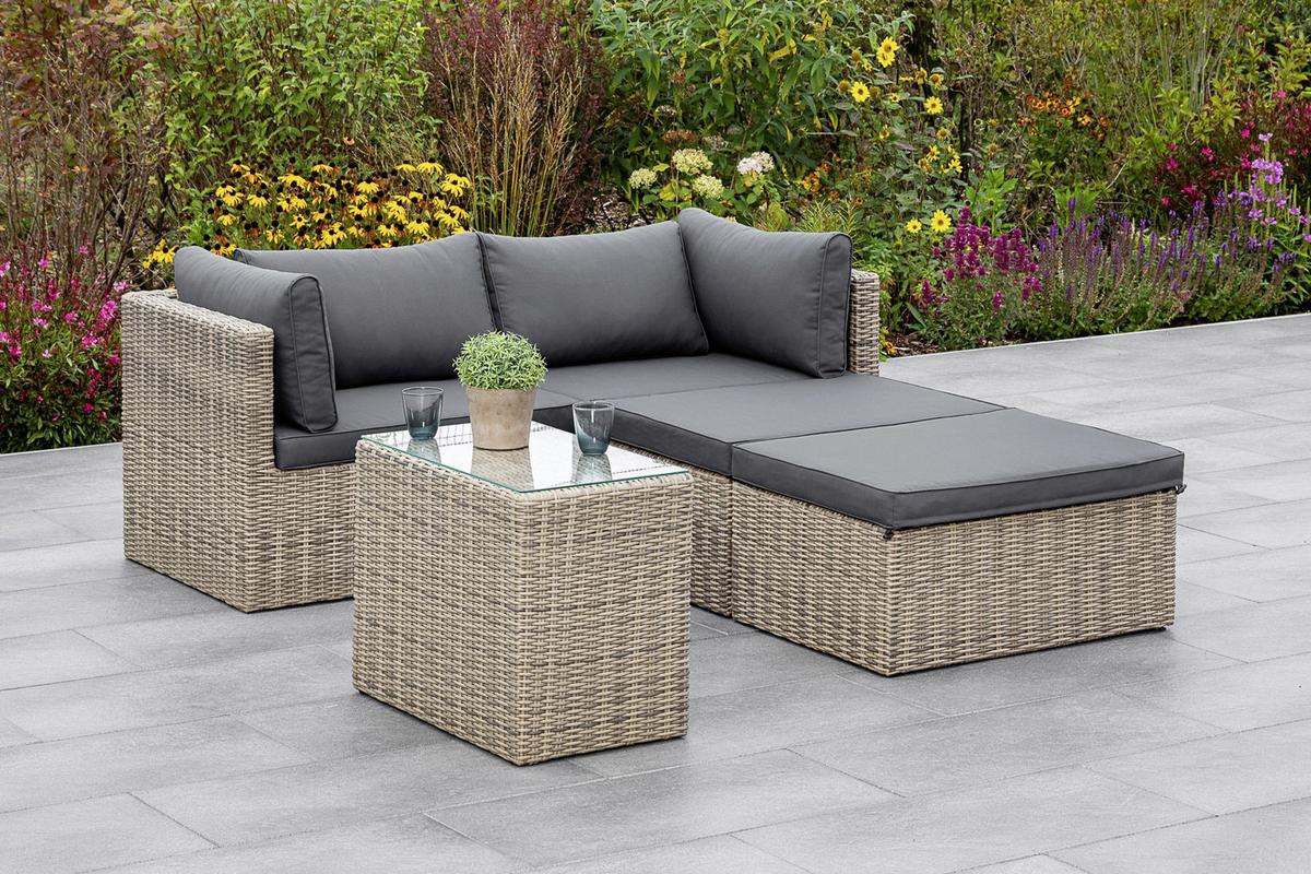 Loungegarnitur 4-Tlg. Licosa Metall/Kunststoff/Glas/Textil - Dunkelgrau/Grau, KONVENTIONELL, Glas/Kunststoff (88/65/68cm) - Gardenson