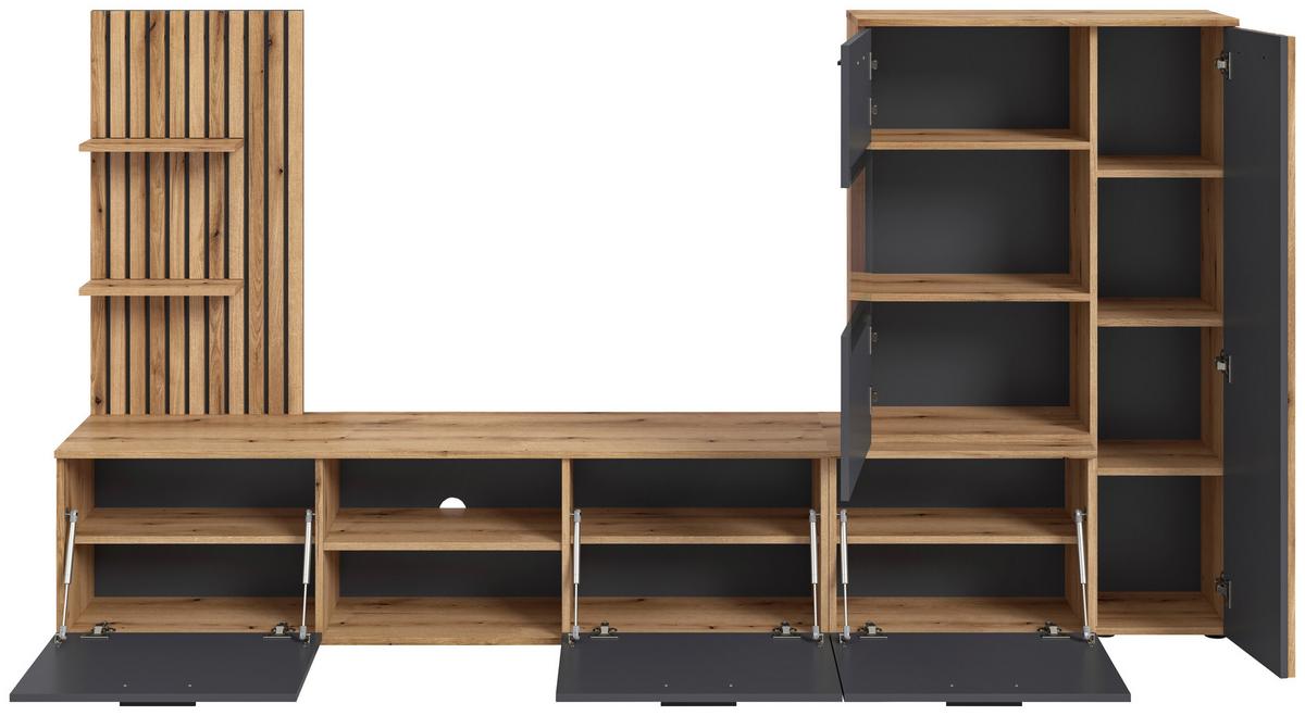 Obývací stěna Mailand š: 250cm - barvy dubu/černá, Moderní, kompozitní dřevo/plast (250/135/38cm) - Mömax