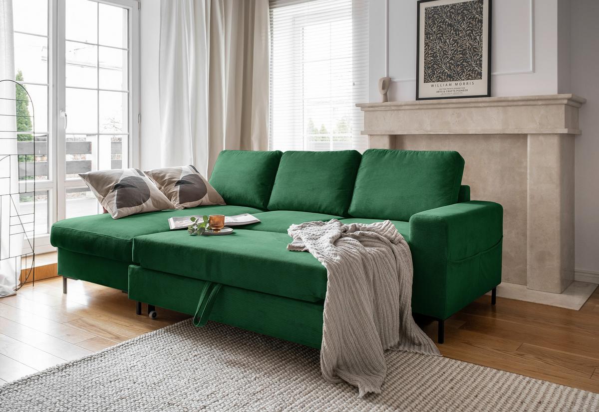 Rohová sedačka LEONIE, levá, smaragdově zelený manšestr - černá/smaragdově zelená, Design, kov/dřevo (148/236cm)