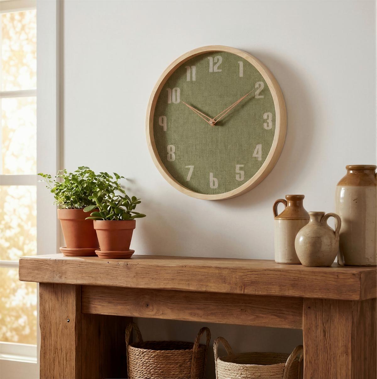 Wanduhr David - Naturfarben/Grün, KONVENTIONELL, Holz/Textil (30/4cm) - James Wood