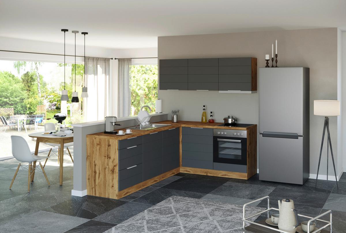 Eckküche Florenz mit Geräte 240x180 cm Grau/Eiche Dekor - Eiche Wotan/Grau, Design, Holzwerkstoff (240/180cm) - Held