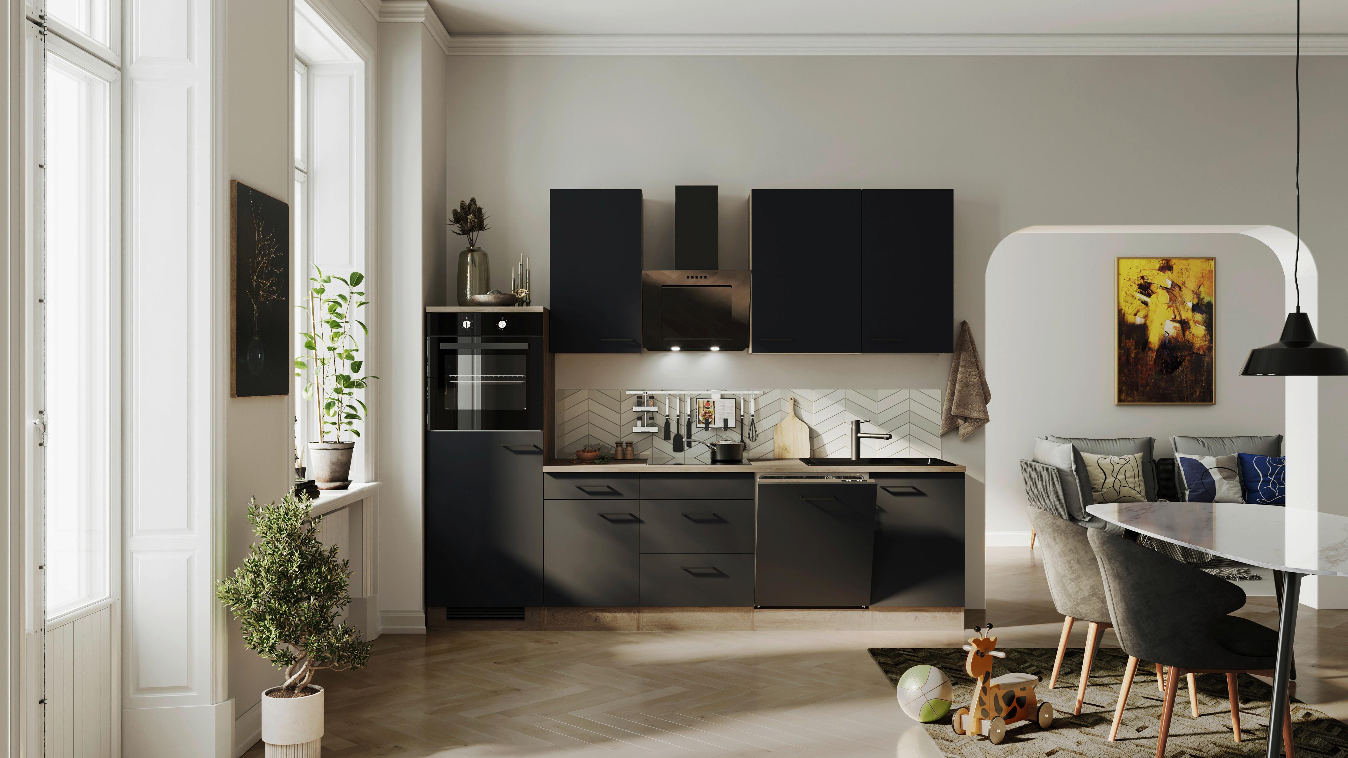 Küchenblock Capri Eiche/Schwarz B: 280 cm - Eichefarben/Schwarz, Basics, Holzwerkstoff (280cm) - FlexWell