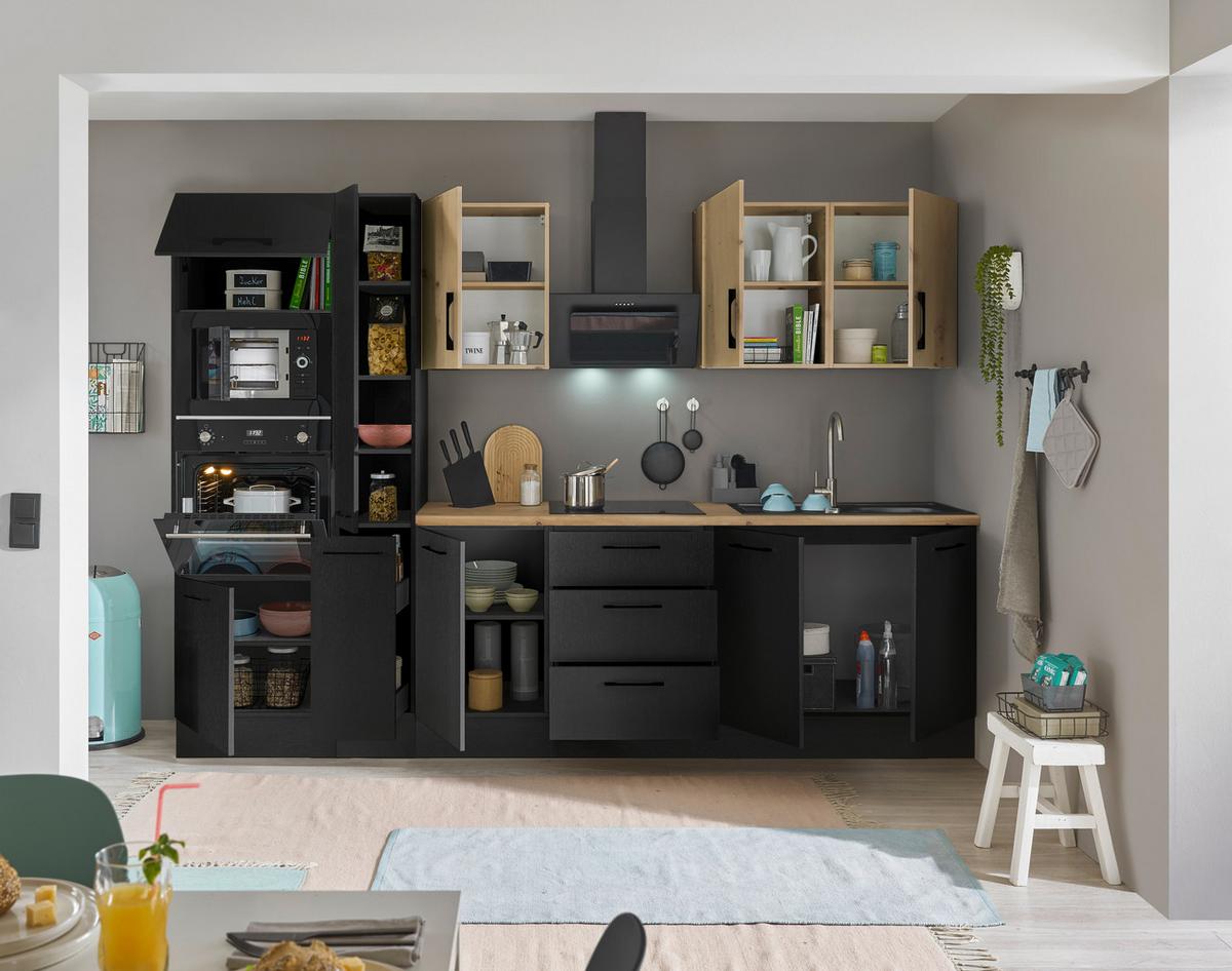 Küchenblock Turin Schwarz/eiche Dekor B: 300 Cm - Schwarz/Eiche Artisan, Basics, Holzwerkstoff (300cm) - MID.YOU