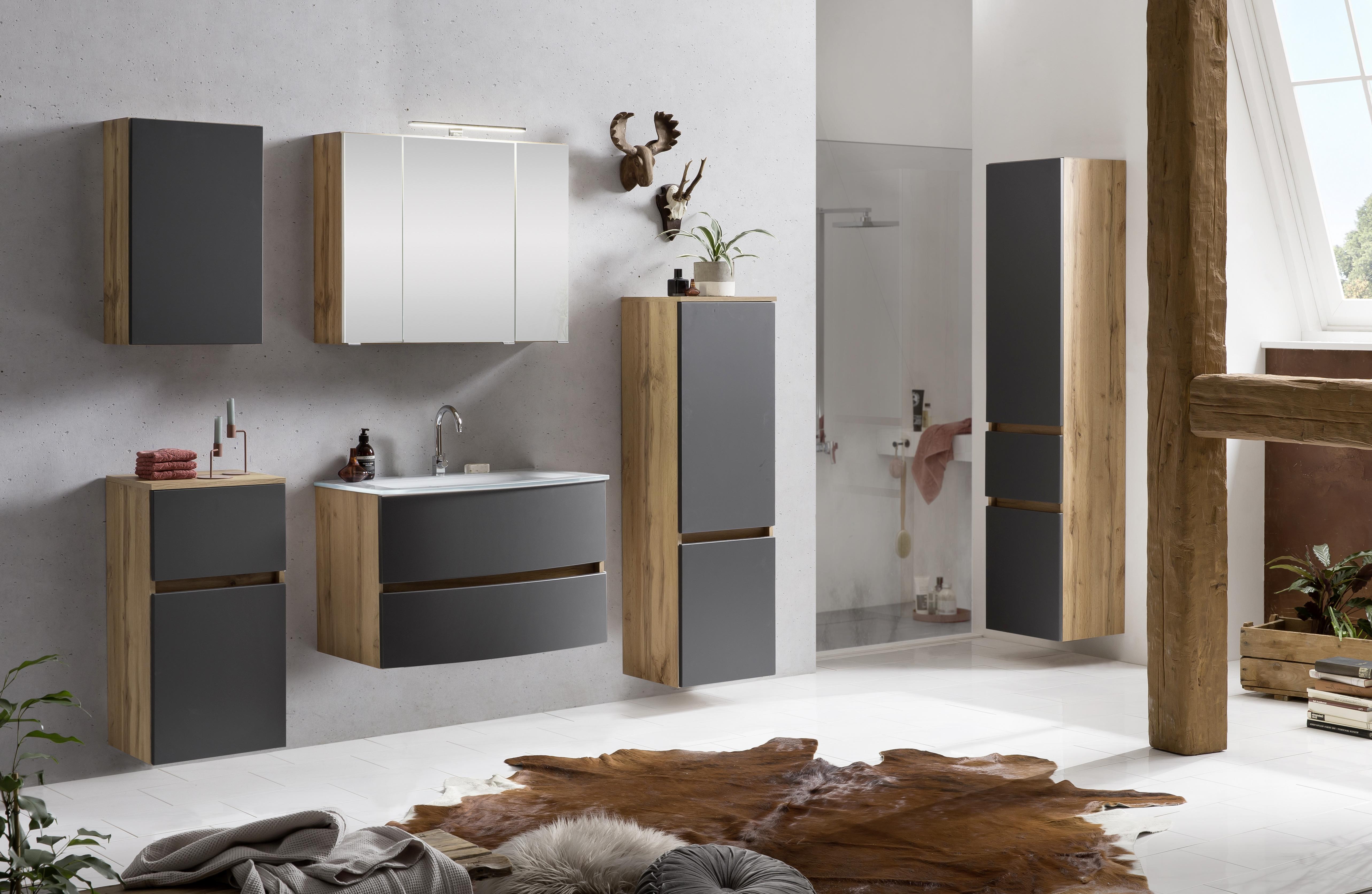 Waschbecken mit Unterschrank Kopenhagen B: 80 cm Weiß - Eichefarben/Weiß, KONVENTIONELL, Glas/Holzwerkstoff (80cm) - Held