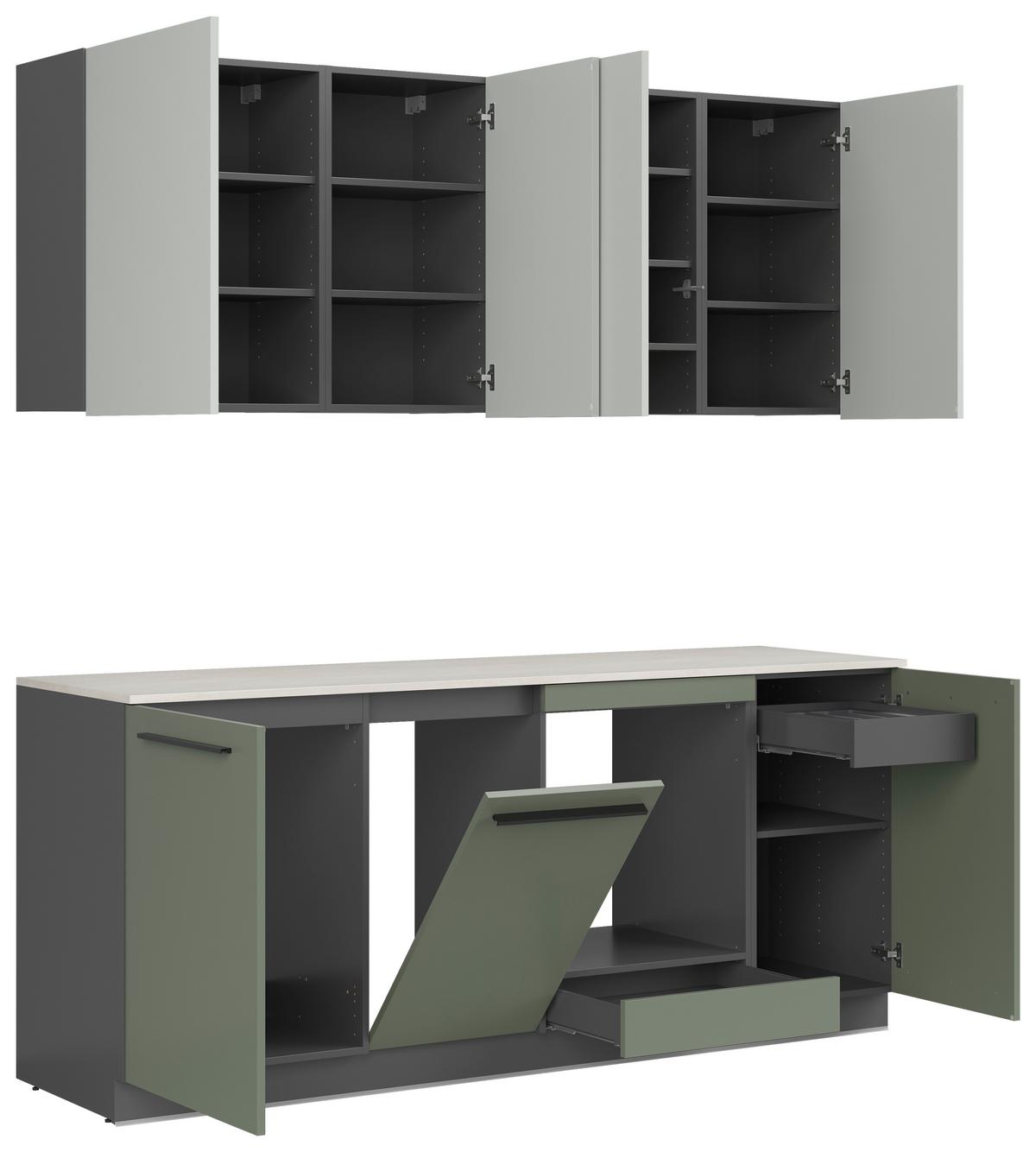 Kuchyňská linka, š.210 cm vr.paspar.a dekor.obkladu - čierna/sivá, Basics, kompozitné drevo/plast (210cm) - Visiona