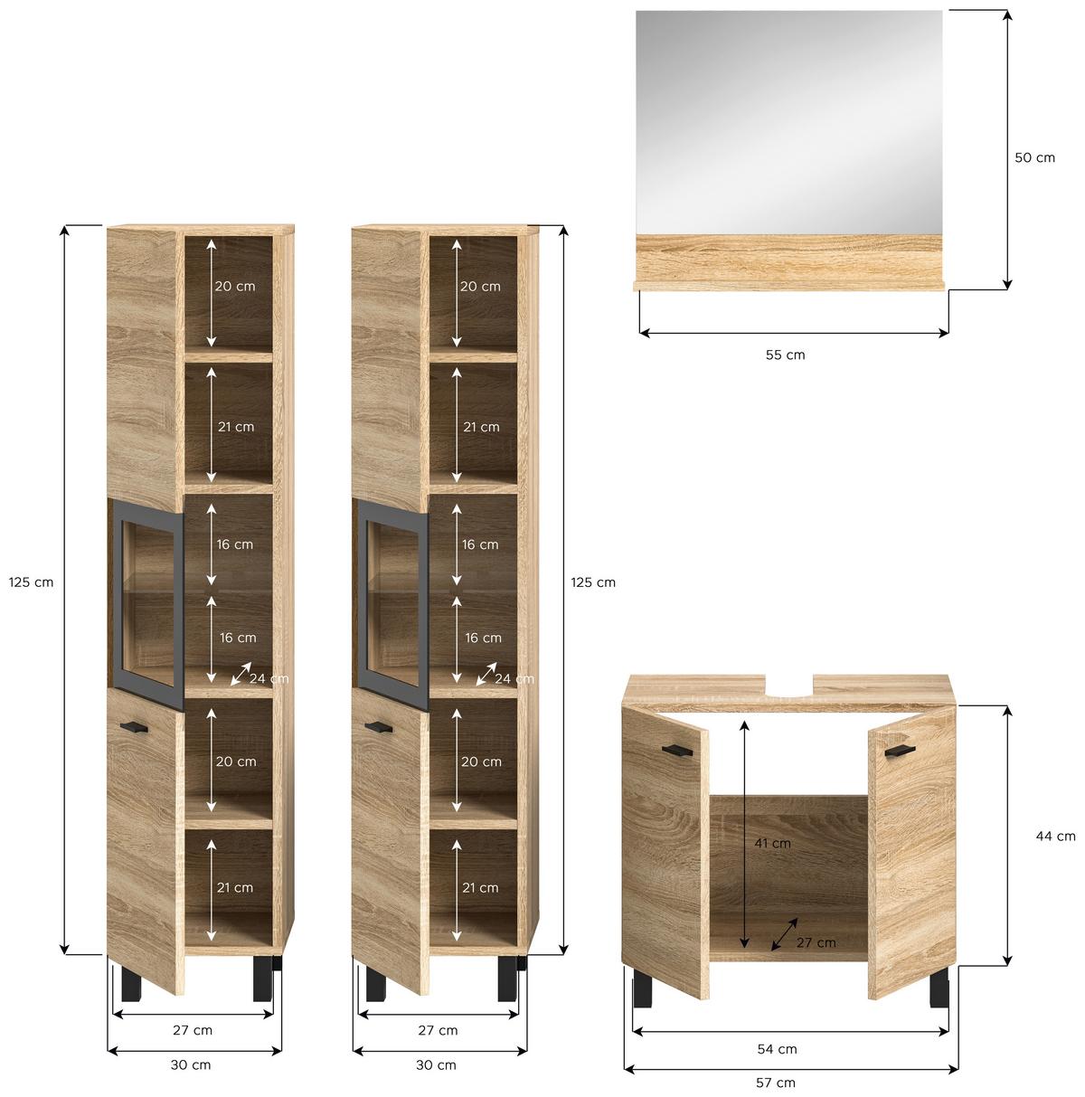 Badezimmer Boston Sonoma Eiche Dekor - Schwarz/Sonoma Eiche, MODERN, Glas/Holzwerkstoff (117cm) - MID.YOU