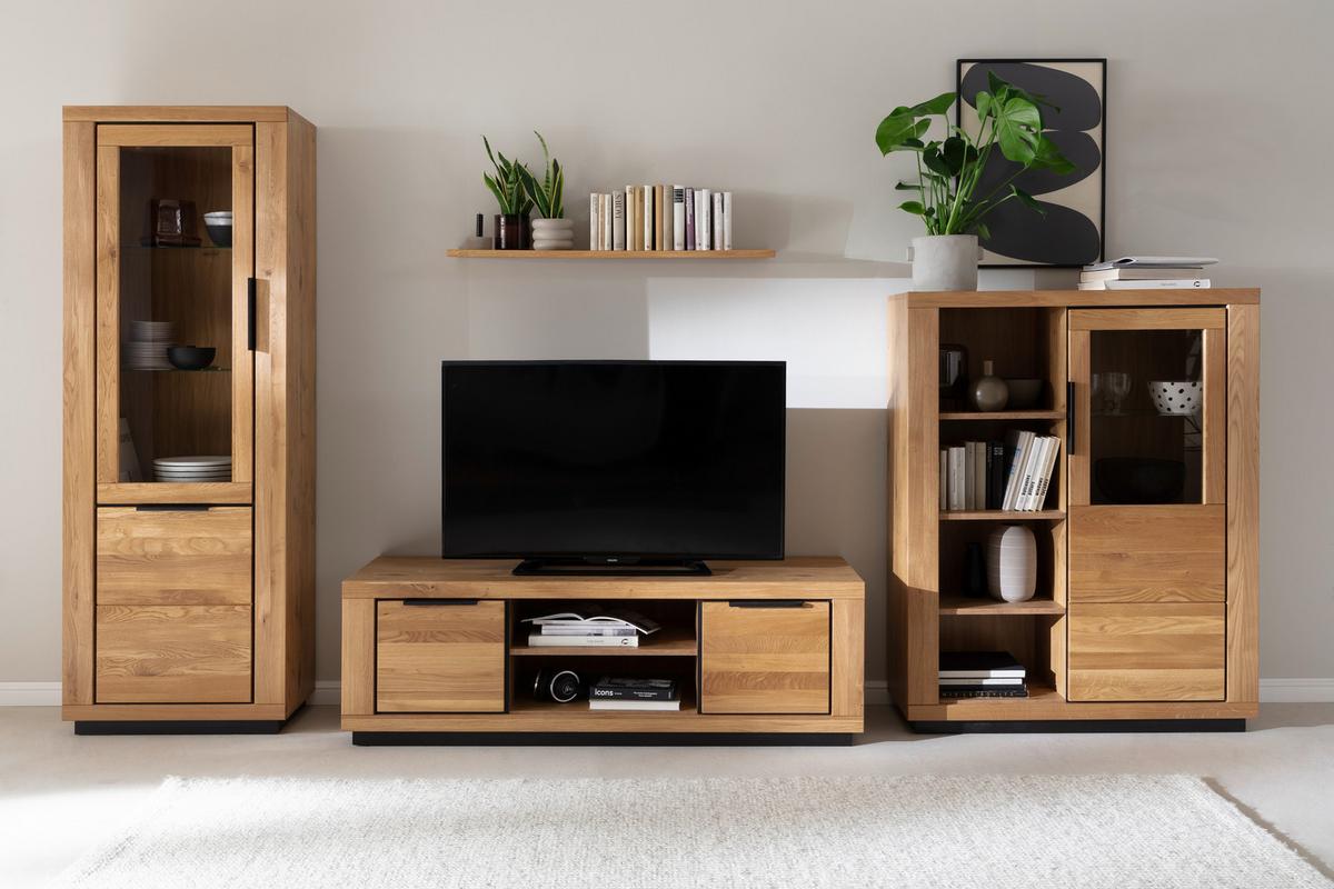 Wohnwand Wildeiche, B: 387 Cm - Wildeiche/Schwarz, Design, Glas/Holz (387/200/54cm) - MID.YOU