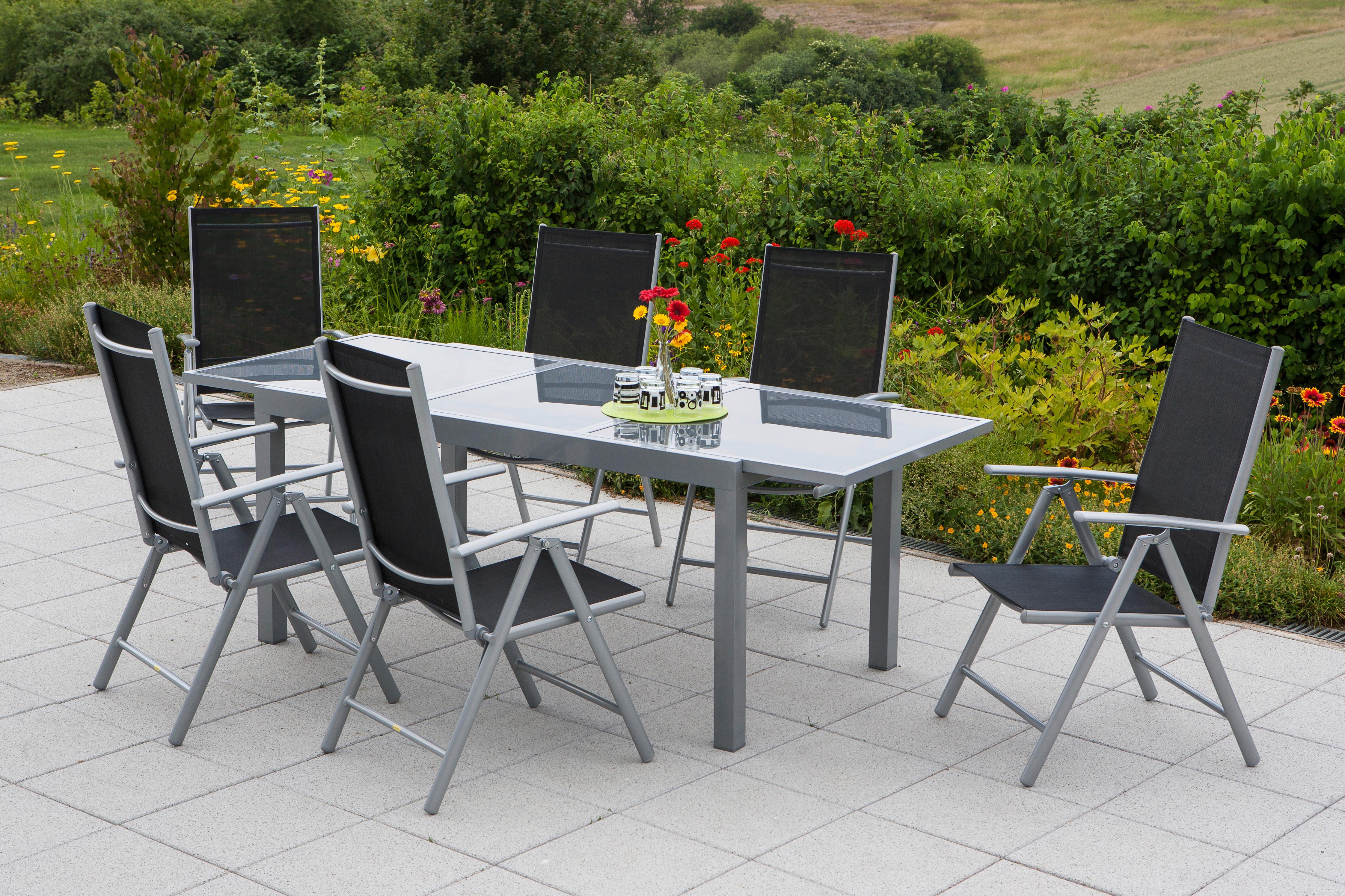 Gartenset 7-tlg Amalfi aus Aluminium - Silberfarben/Schwarz, MODERN, Textil/Metall - Gardenson
