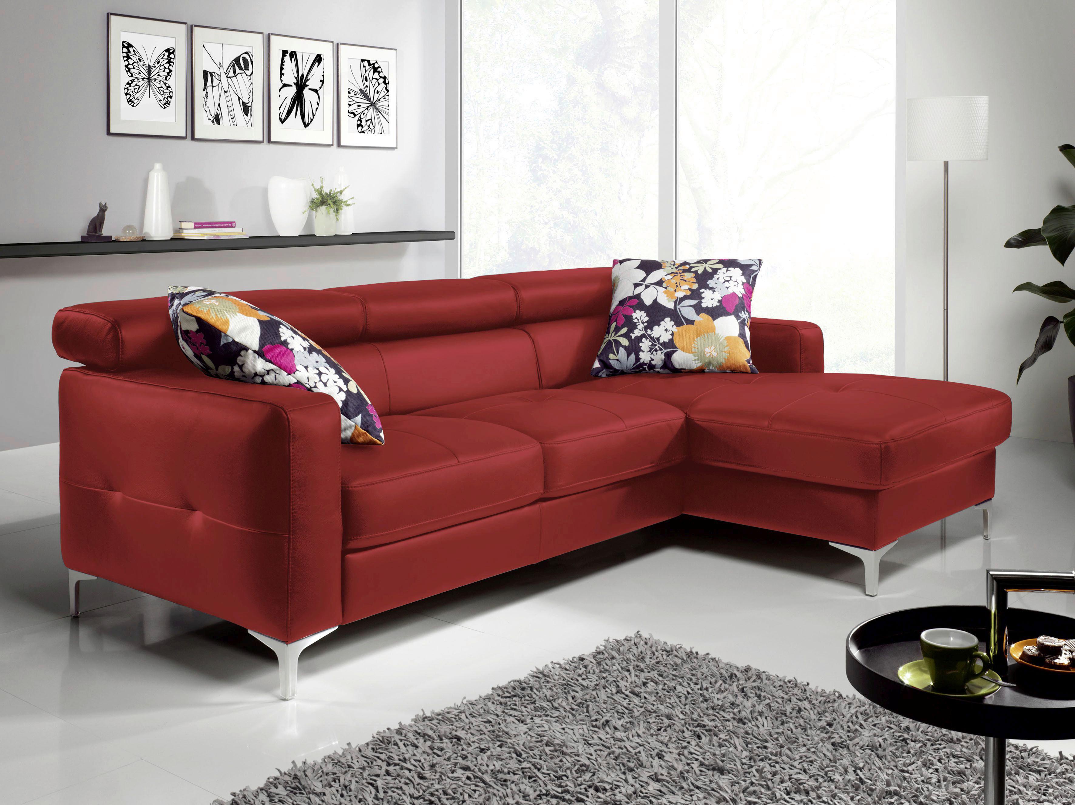 Ecksofa Mit Schlaffunktion Sammy Rot Leder - Chromfarben/Rot, Design, Leder (227/168cm) - Livetastic