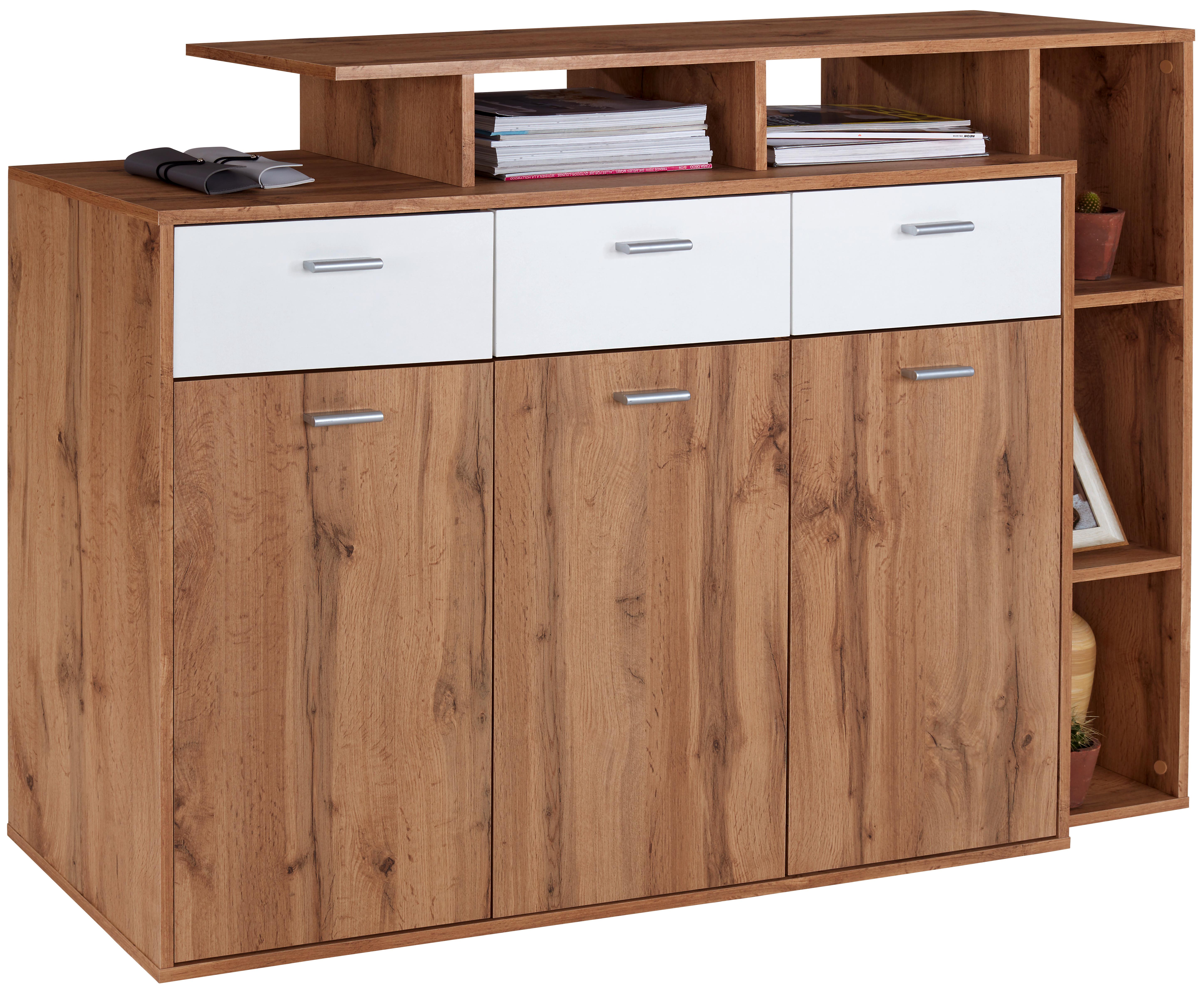Kommode B 150cm Tom, San Remo Eiche Dekor/Weiß - Eichefarben/Silberfarben, MODERN, Holzwerkstoff (150/105/40cm)