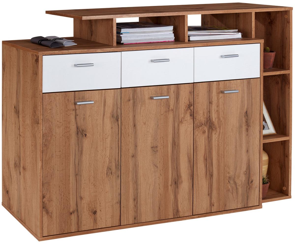 Kommode B 150cm Tom, San Remo Eiche Dekor/weiß - Eichefarben/Silberfarben, MODERN, Holzwerkstoff (150/105/40cm)