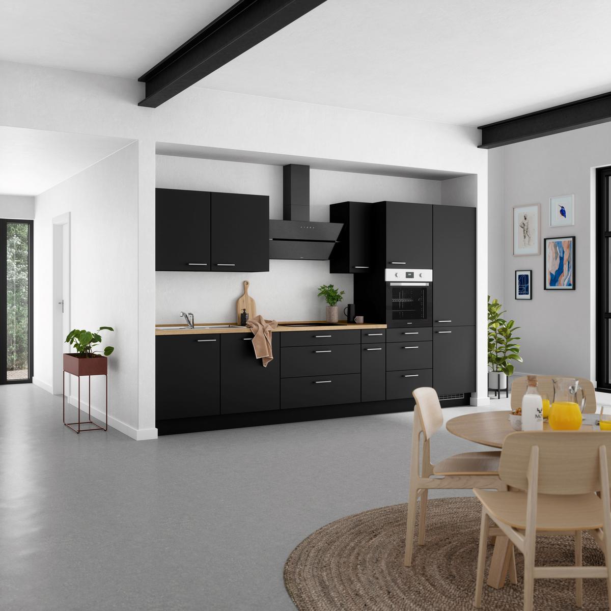 Kuchyňská linka 360 cm, černá matná/ barva dub - černá/barvy dubu, Moderní, kov/kompozitní dřevo (360cm) - Nobilia