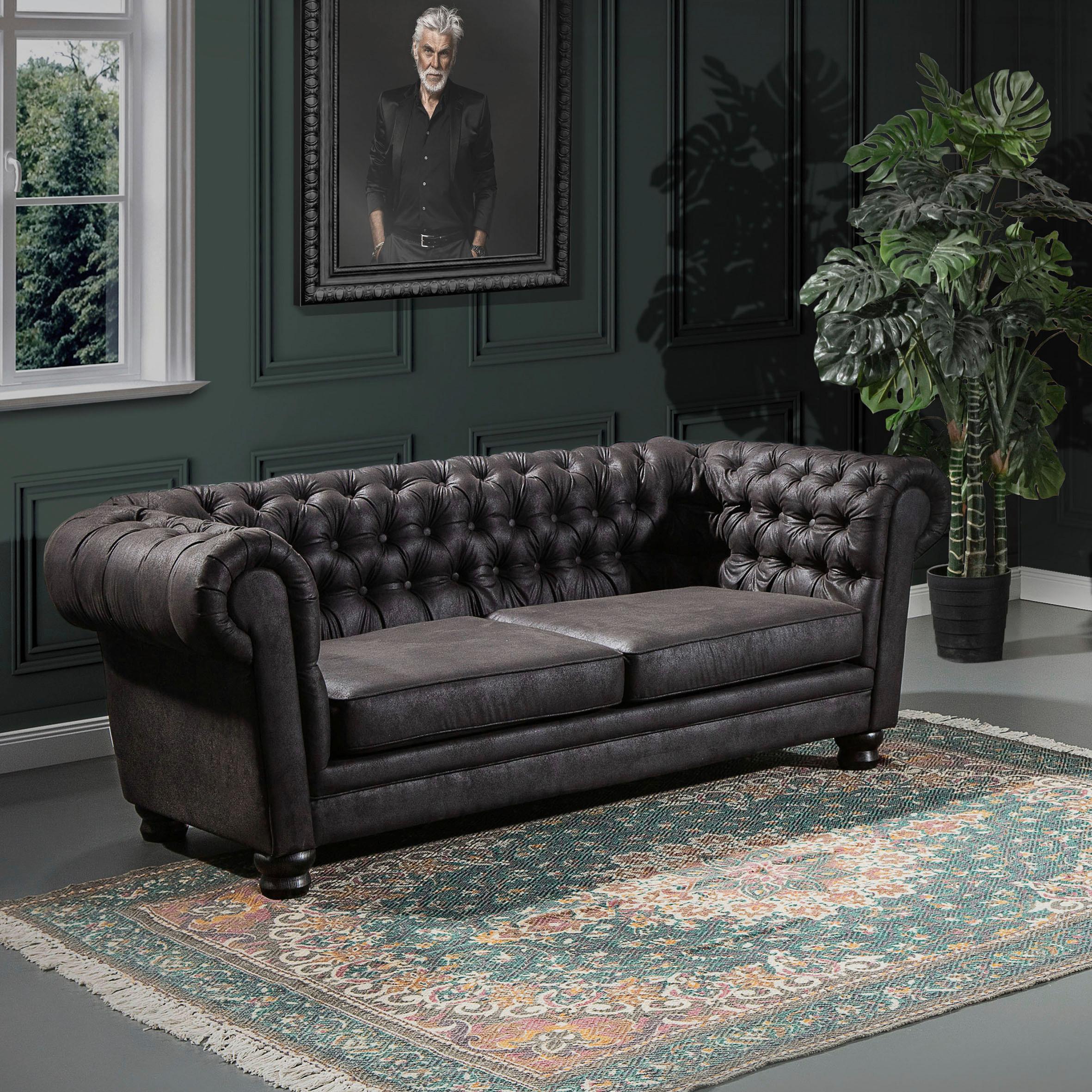 Chesterfield-sofa Slopes Dunkelgrau 3-Sitzer - Dunkelgrau/Dunkelbraun, KONVENTIONELL, Textil (203/79/93cm) - Livetastic