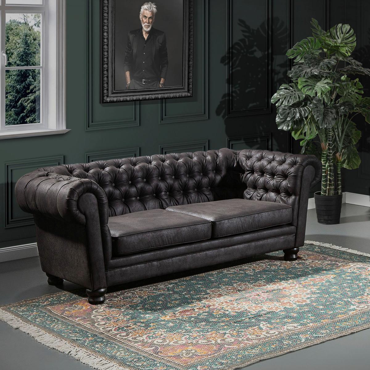 Chesterfield-Sofa Slopes Dunkelgrau 3-Sitzer - Dunkelgrau/Dunkelbraun, KONVENTIONELL, Textil (203/79/93cm) - Livetastic