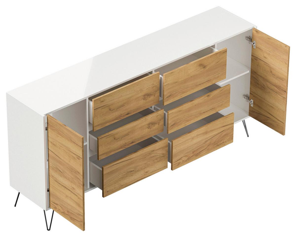 Sideboard Posseik Industrial Weiß/Eichefarben B: 199 cm - Eichefarben/Weiß Hochglanz, Design, Holzwerkstoff (199/93,6/42cm) - P & B