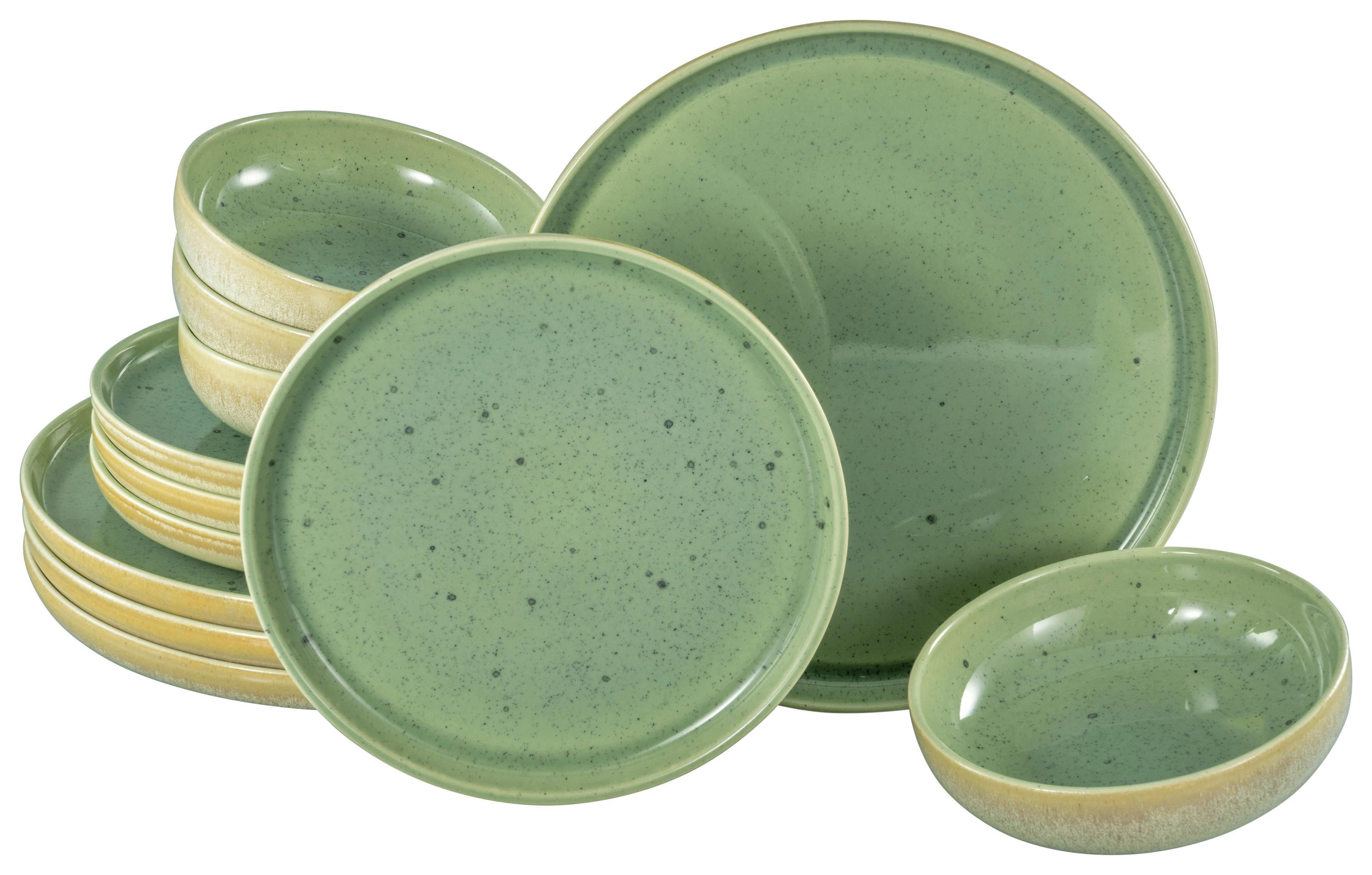 Speisetellerset Romana 12--Teilig. Creme/Grün - Creme/Grün, Design, Keramik - Creatable