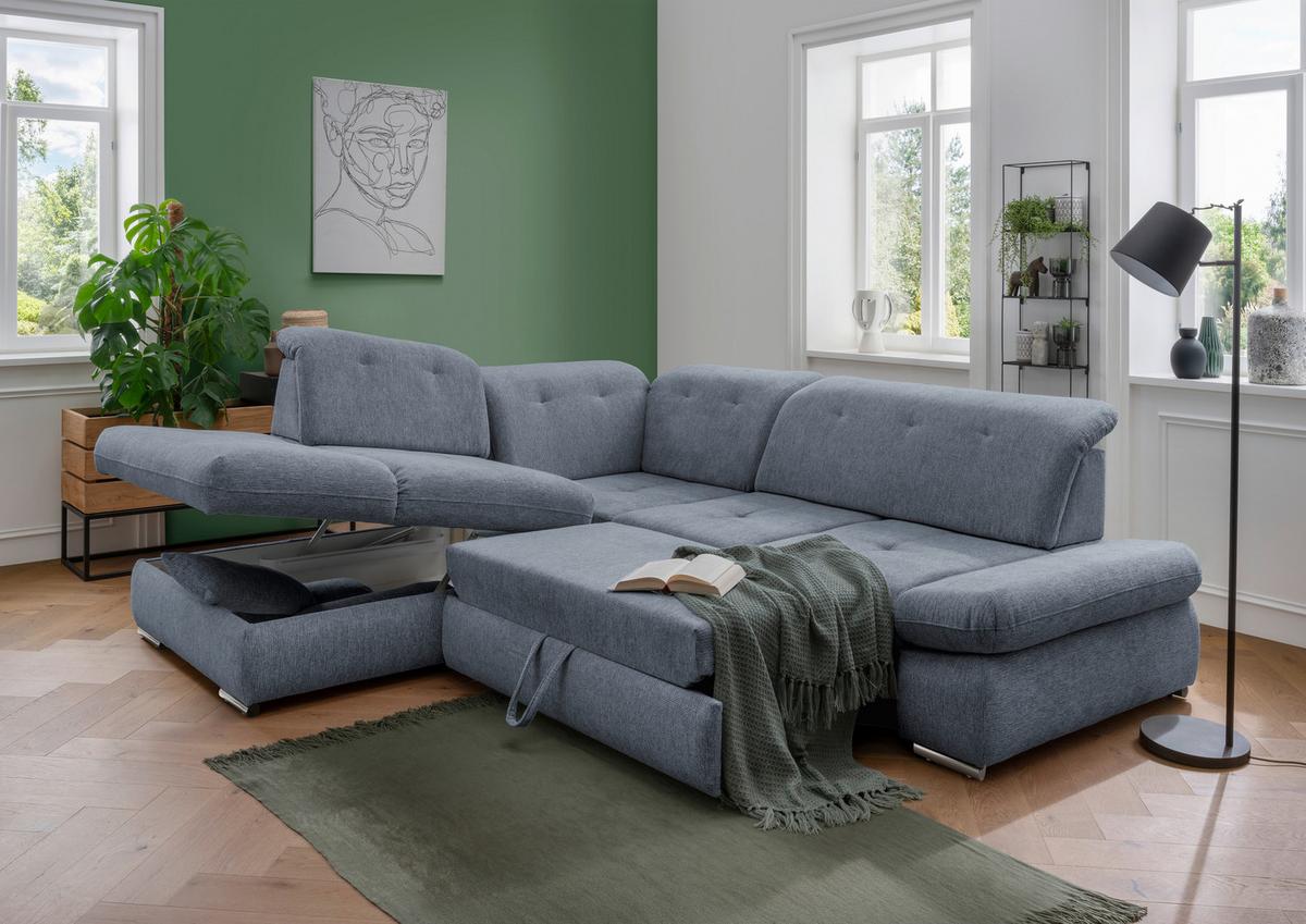Ecksofa Mit Schlaffunktion Dalida Hellblau Chenille - Chromfarben/Hellblau, Design, Textil (254/280cm) - Livetastic