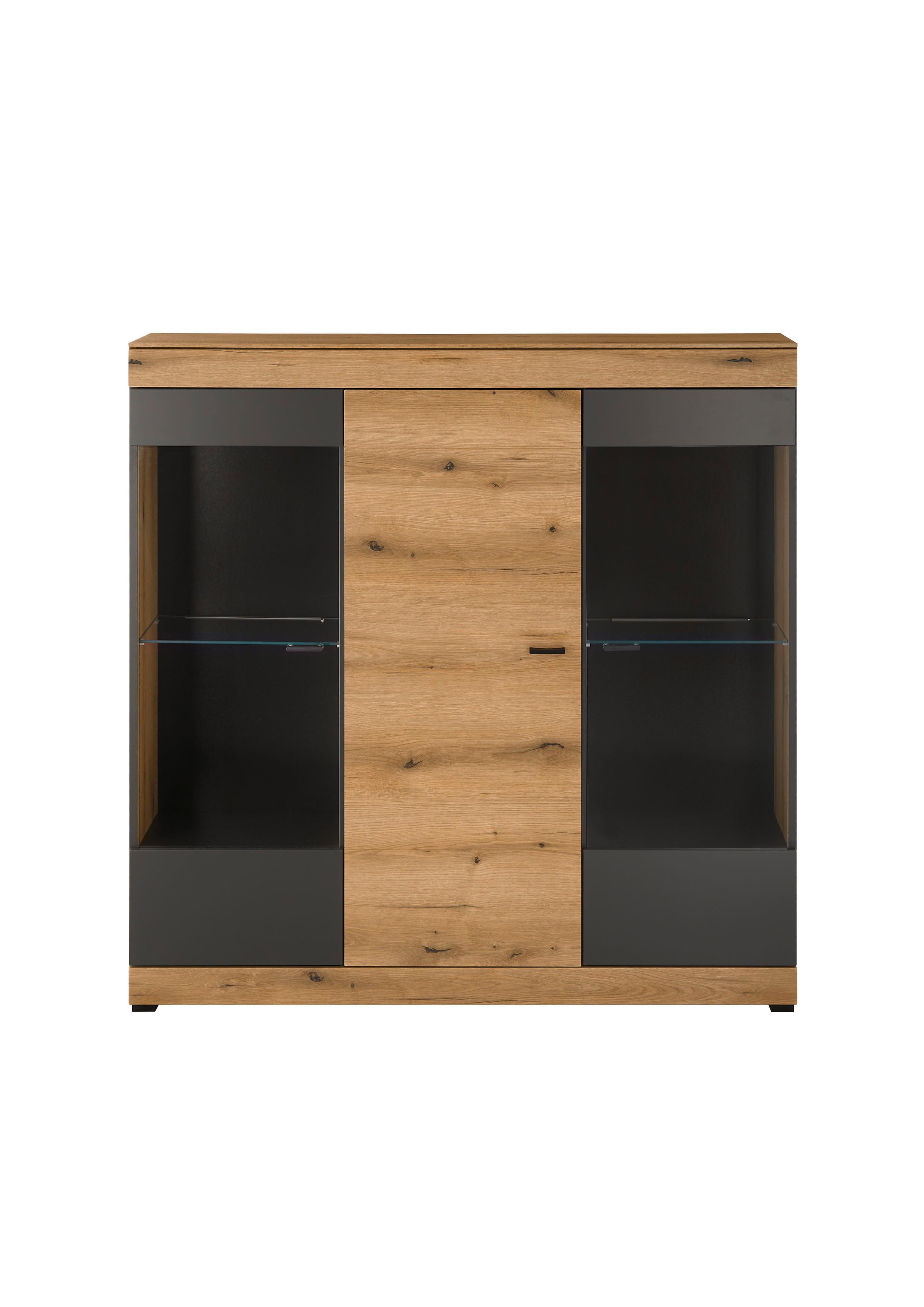 Highboard Soleto Graphit-/Eichefarben B: 140cm - Eichefarben/Schwarz, Design, Glas/Holzwerkstoff (140/141/35cm) - MID.YOU