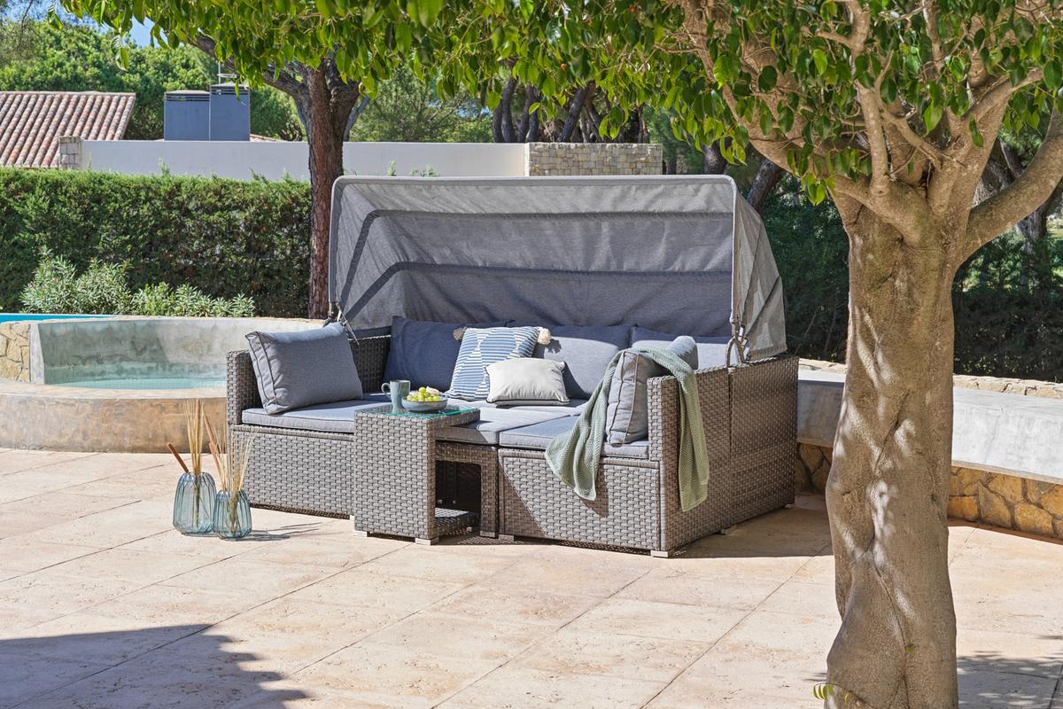 Loungegarnitur 5-Tlg. Almeria, Polyrattan/Textil mit Kissen - Grau, MODERN, Glas/Kunststoff