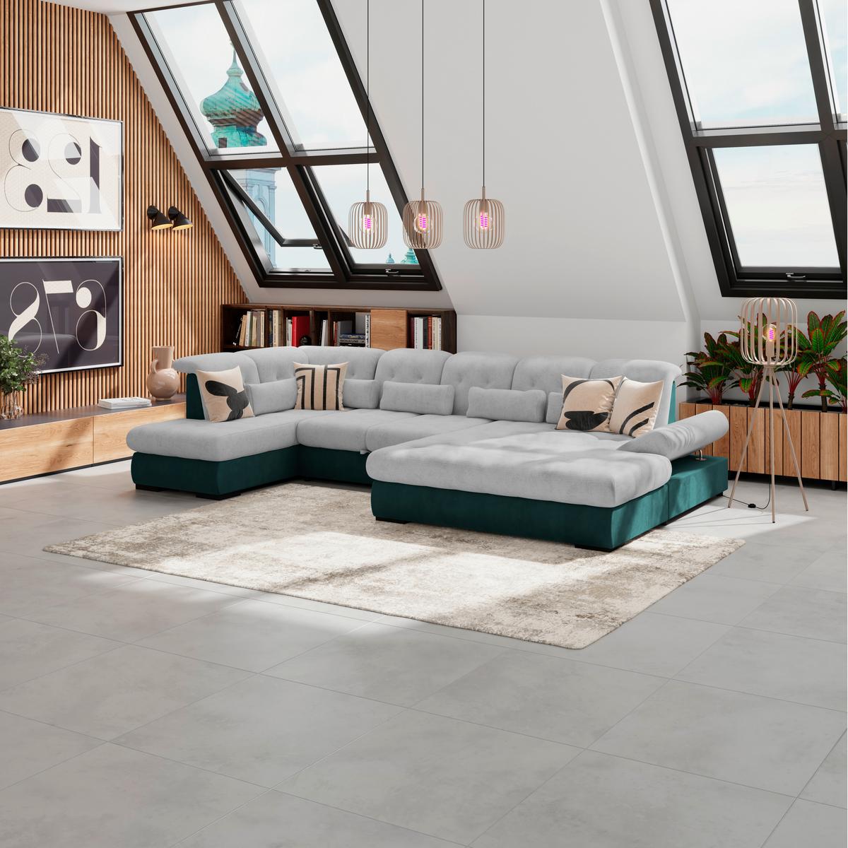 Wohnlandschaft Madera Silberfarben S: 212x358 Cm - Türkis/Silberfarben, KONVENTIONELL, Kunststoff/Textil (212/358/190cm)