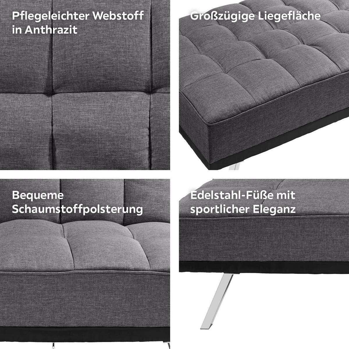3-Sitzer-Sofa Mit Schlaffunkt. Roma Anthrazit - Edelstahlfarben/Anthrazit, Basics, Textil/Metall (179/84/96cm) - Ondega