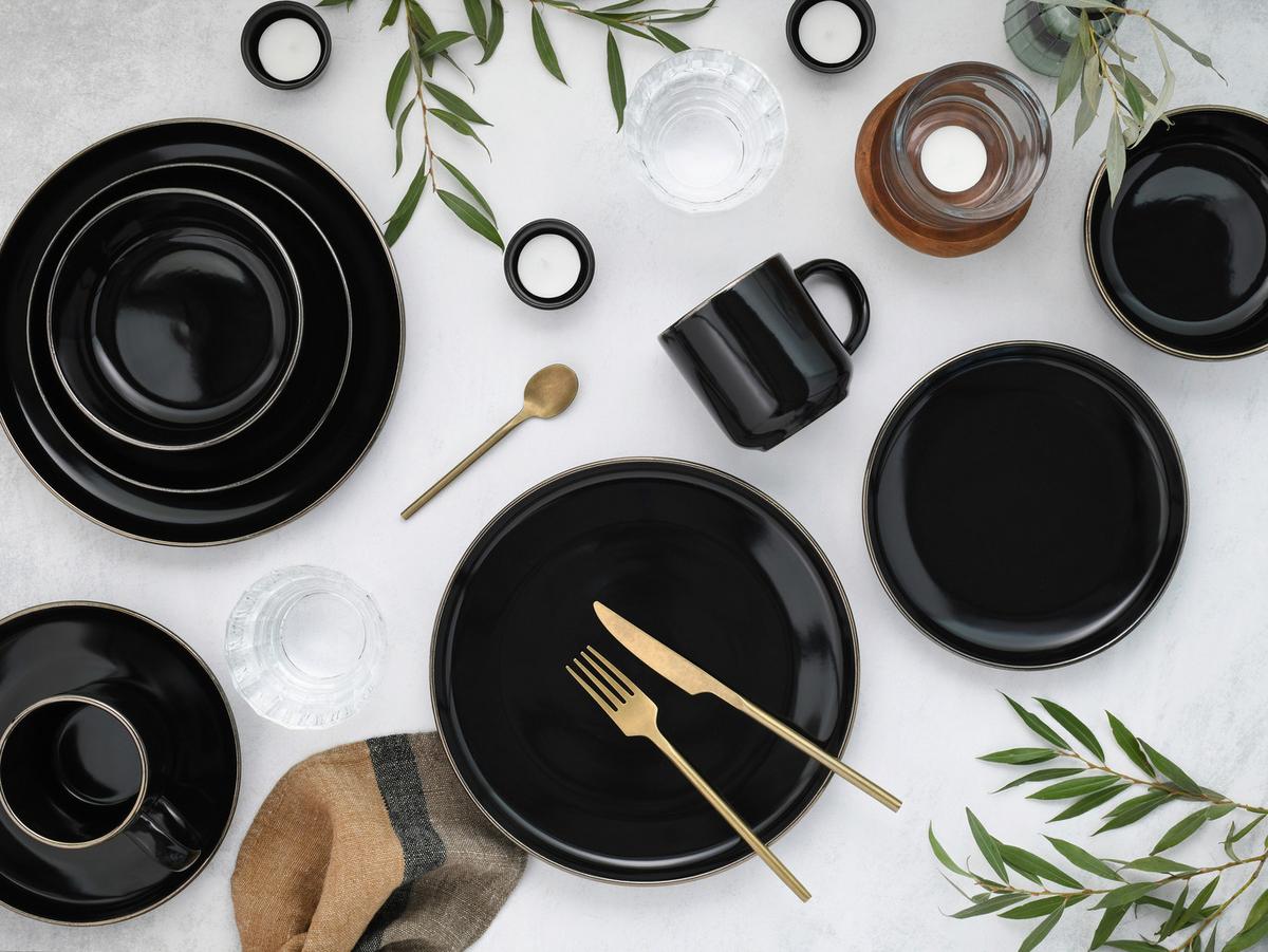 Kombiservice, 16-Teilig für 4 Personen, Steinzeug - Goldfarben/Schwarz, Basics, Keramik - Creatable