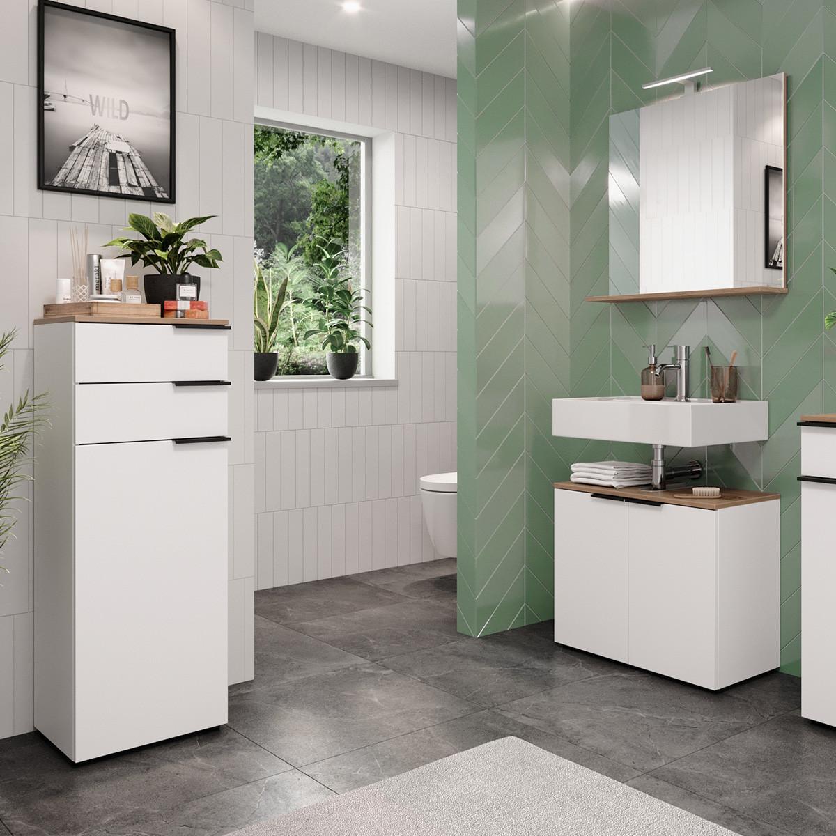 Badezimmer Gw-Menen Weiß/Eichefarben - Eichefarben/Schwarz, MODERN, Holzwerkstoff (130cm) - Germania