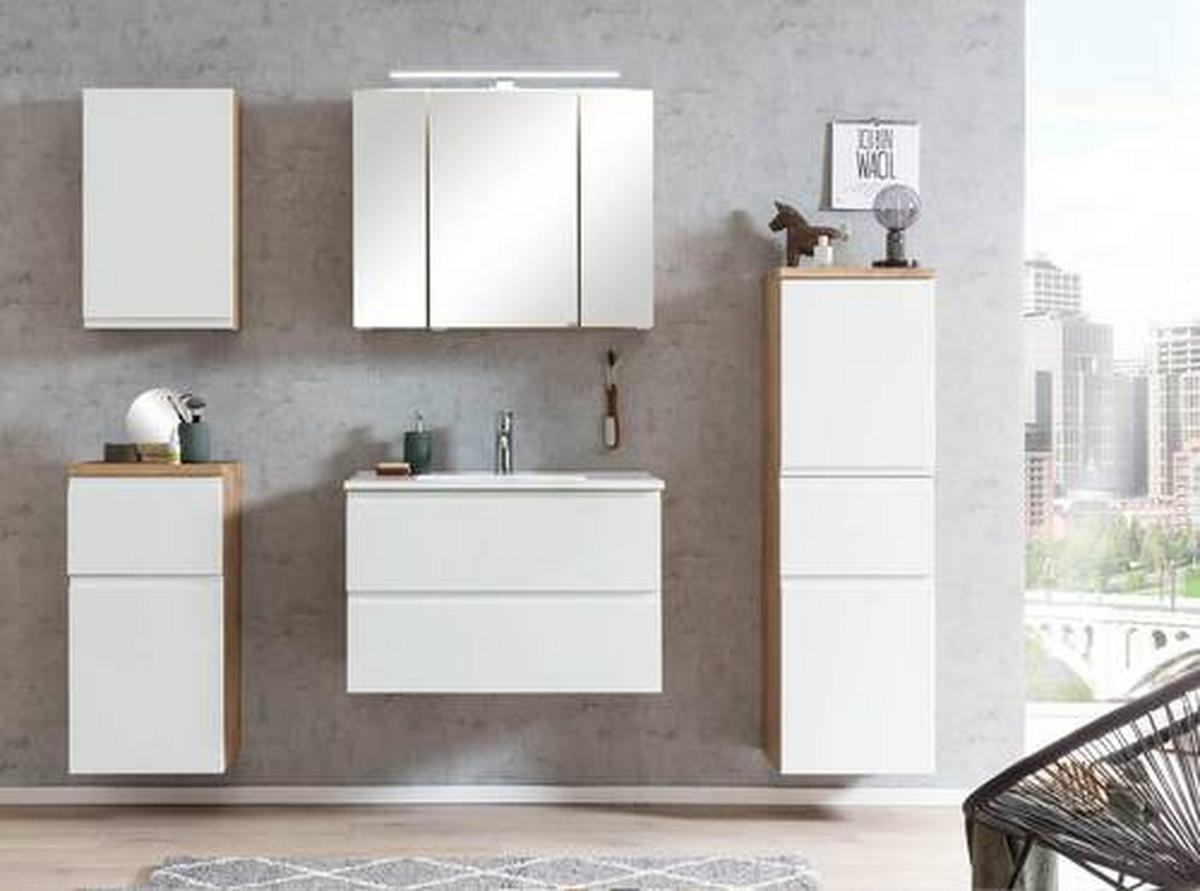 Waschbecken mit Unterschrank Varese B:80cm Eiche Dekor/Weiß - Eiche Wotan, MODERN, Holzwerkstoff/Stein (80cm) - Held