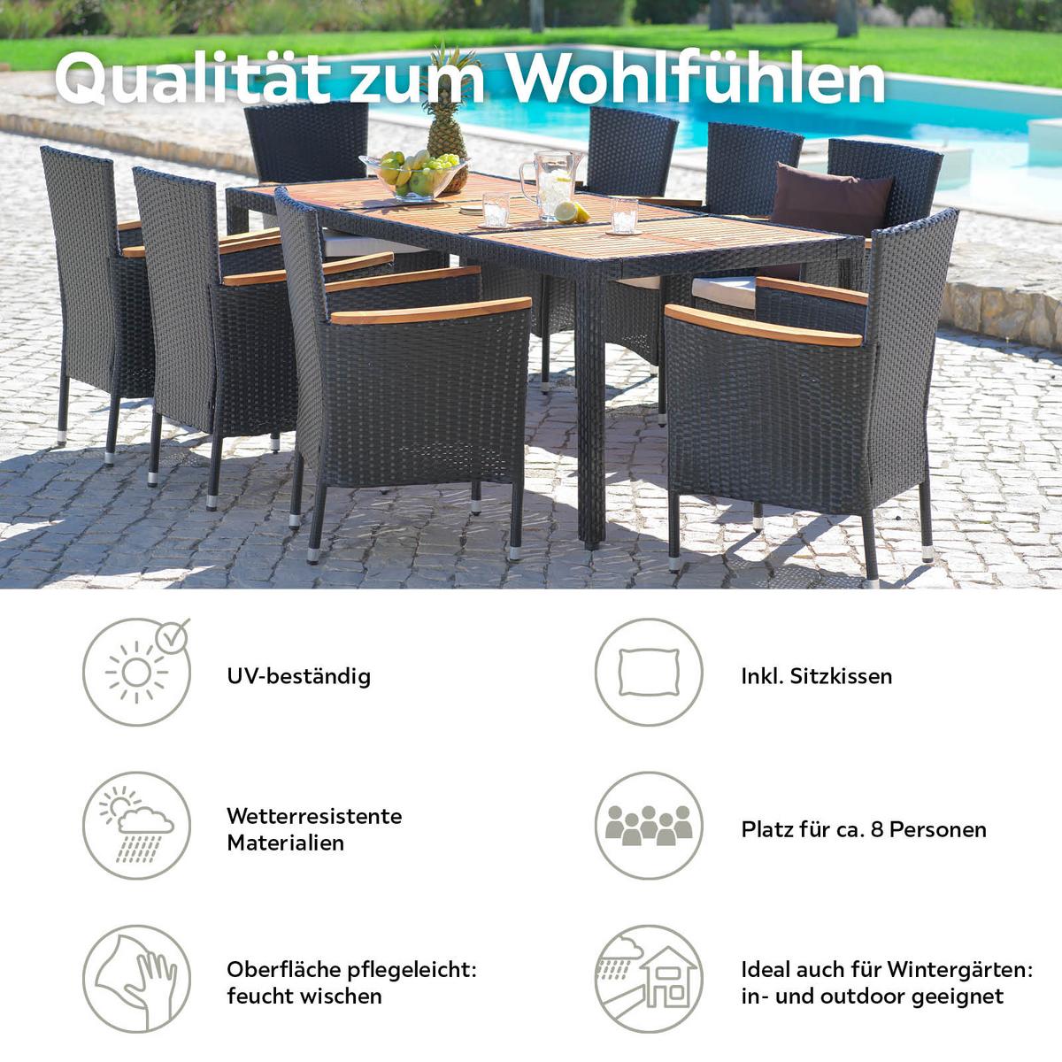 Gartengarnitur 9-Tlg Moa Polyrattan U. Holz mit Kissen - Beige/Schwarz, MODERN, Holz/Kunststoff - James Wood