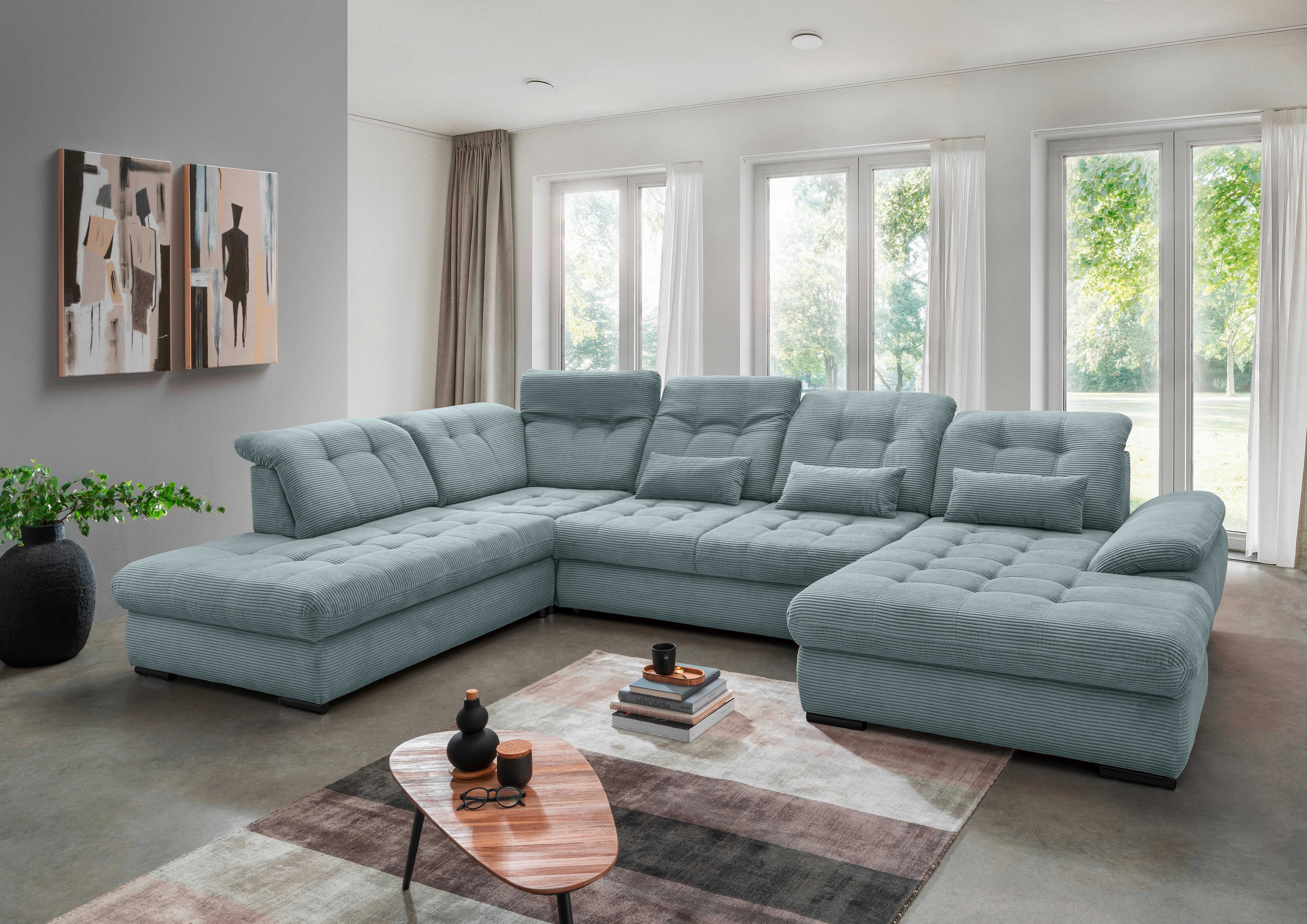 Wohnlandschaft mit Bettkasten Rigatti Hellblau B: 387 cm - Schwarz/Hellblau, MODERN, Textil (252/387/184cm) - Livetastic