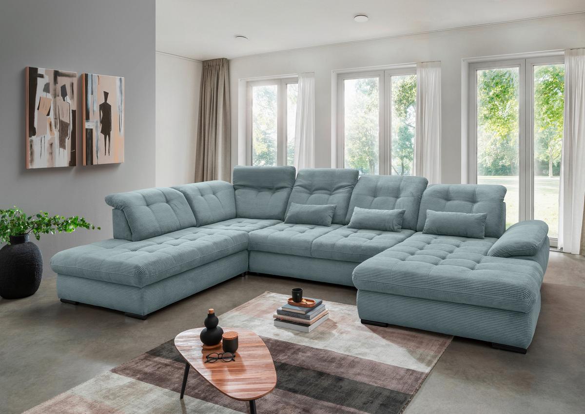 Wohnlandschaft Mit Bettkasten Rigatti Hellblau B: 387 Cm - Schwarz/Hellblau, MODERN, Textil (252/387/184cm) - Livetastic