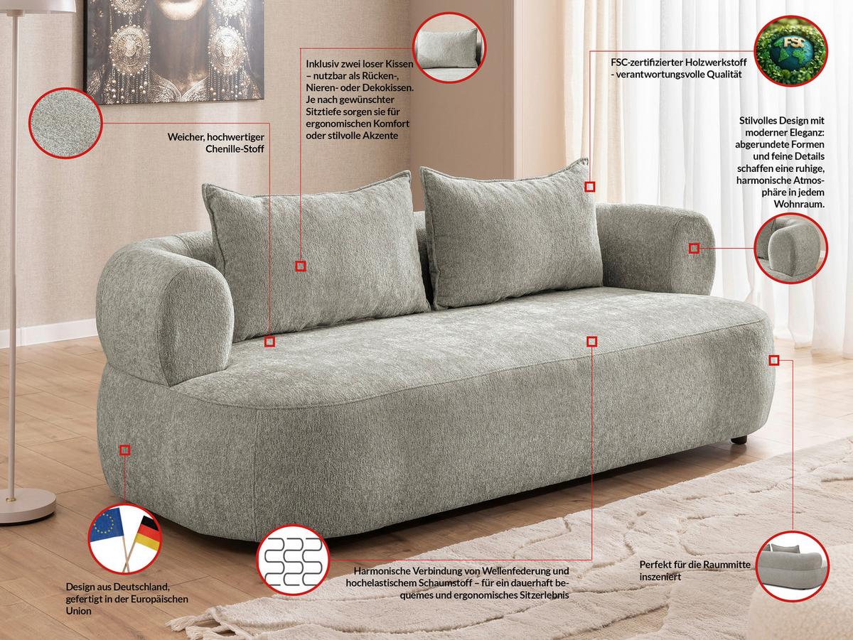 3-Sitzer-Sofa Ferro Hellgrau B: 200 cm - Hellgrau/Schwarz, Design, Textil (200/76/96cm) - Livetastic