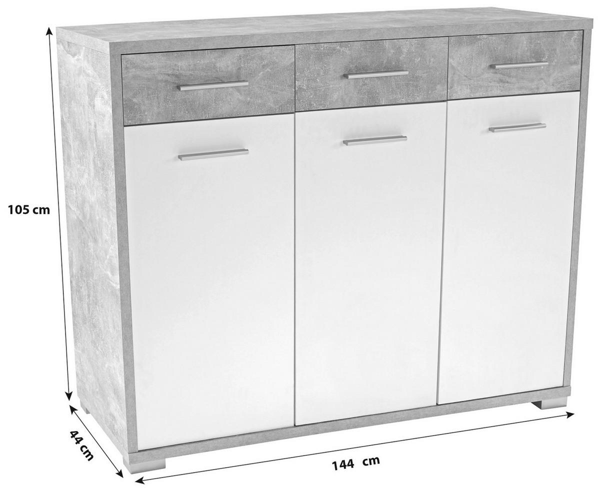 Kommode B 144 cm Q-BIG New, Beton Optik/Weiß - Weiß/Grau, MODERN, Holz (144/105/44cm)