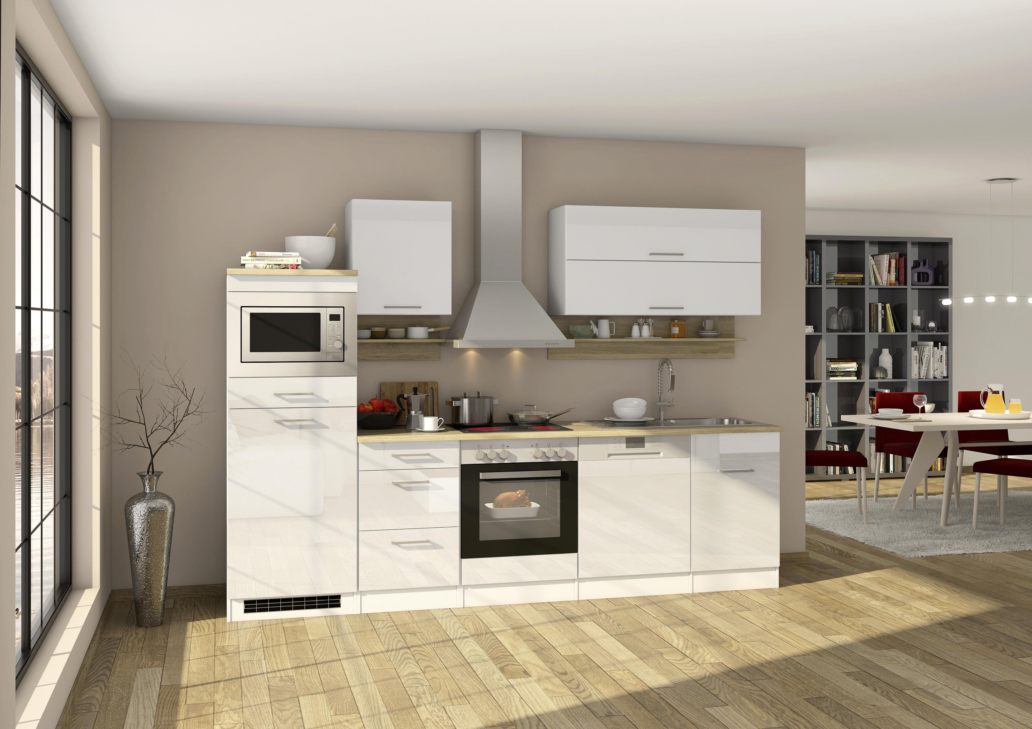 Küchenzeile Mailand mit Geräten 280 cm Weiß Elegant - Eichefarben/Weiß, MODERN, Holzwerkstoff (280cm) - MID.YOU