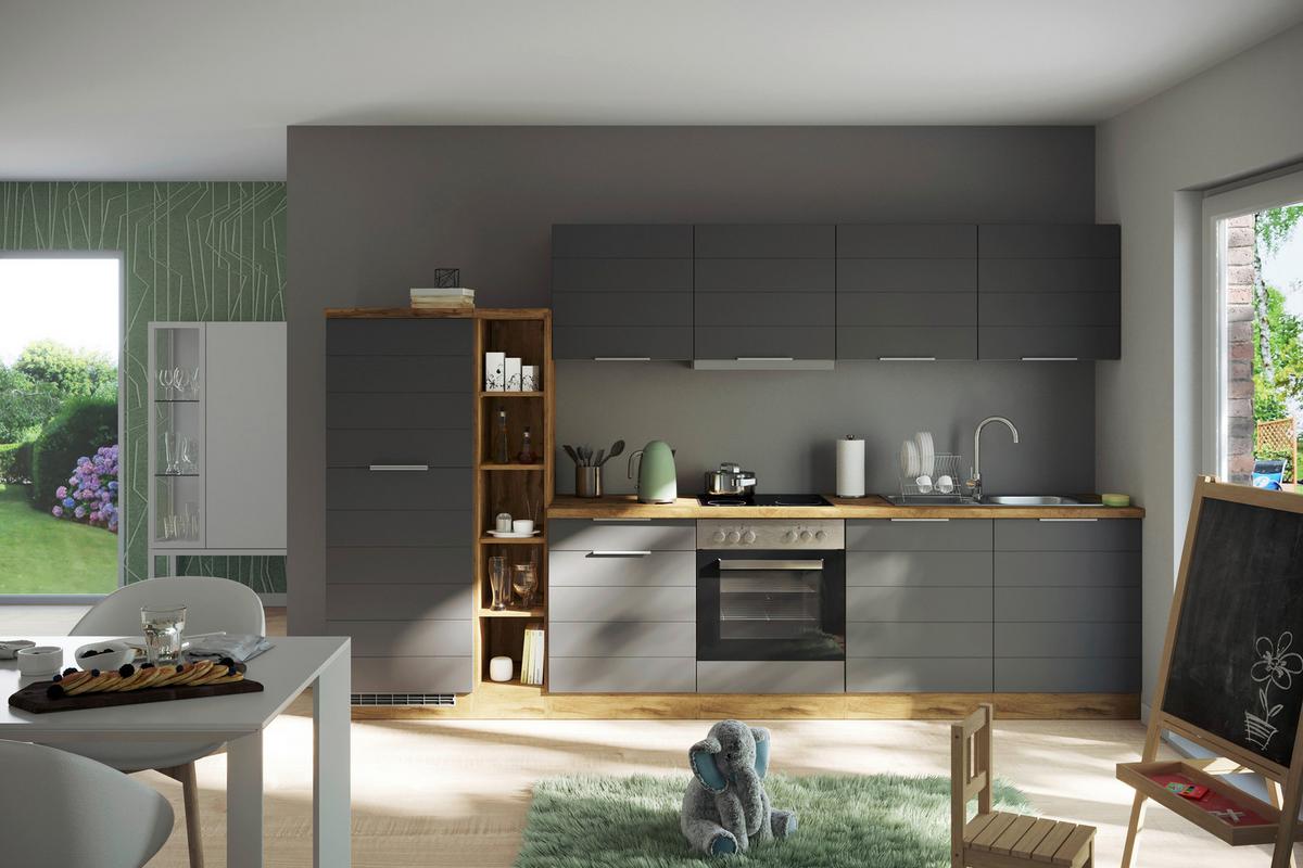 Küchenzeile Florenz mit Geräte B: 330 cm Grau/Eiche Dekor - Eiche Wotan/Grau, Design, Holzwerkstoff (330cm) - Held