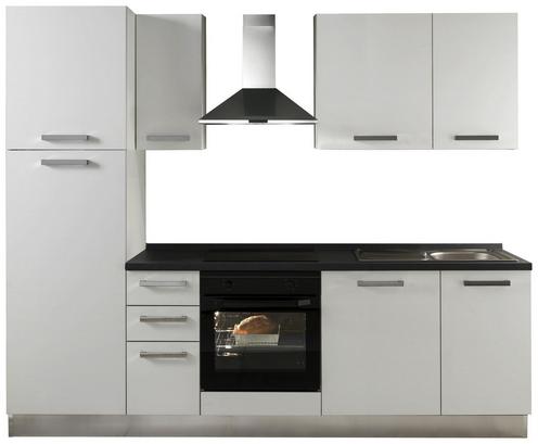 Kompakte Anordnung mit ausreichend Stauraum Weiße Küchenzeile mit Geräten