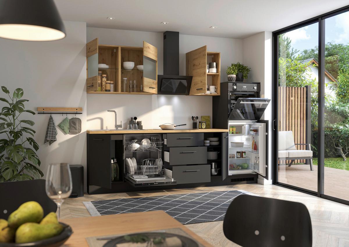 Küchenblock Capri Schwarz/Eiche Dekor B: 280 cm - Schwarz/Eiche Artisan, Basics, Glas/Holzwerkstoff (280cm) - MID.YOU