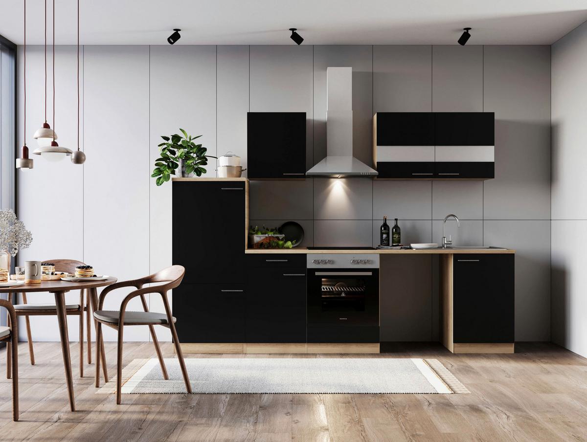 Küchenblock Merle Schwarz B: 280 Cm - Eichefarben/Schwarz, Basics, Glas/Holzwerkstoff (280cm) - Respekta