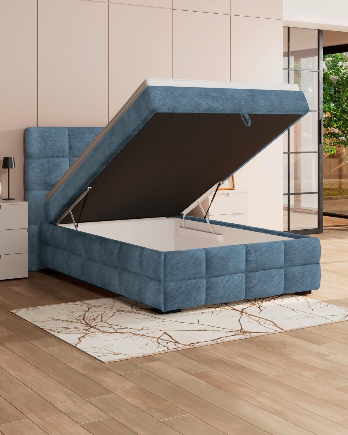 Čalúnená posteľ VEGA 140x200 cm, modrá - modrá/čierna, Trend, drevo/textil (140/200cm)