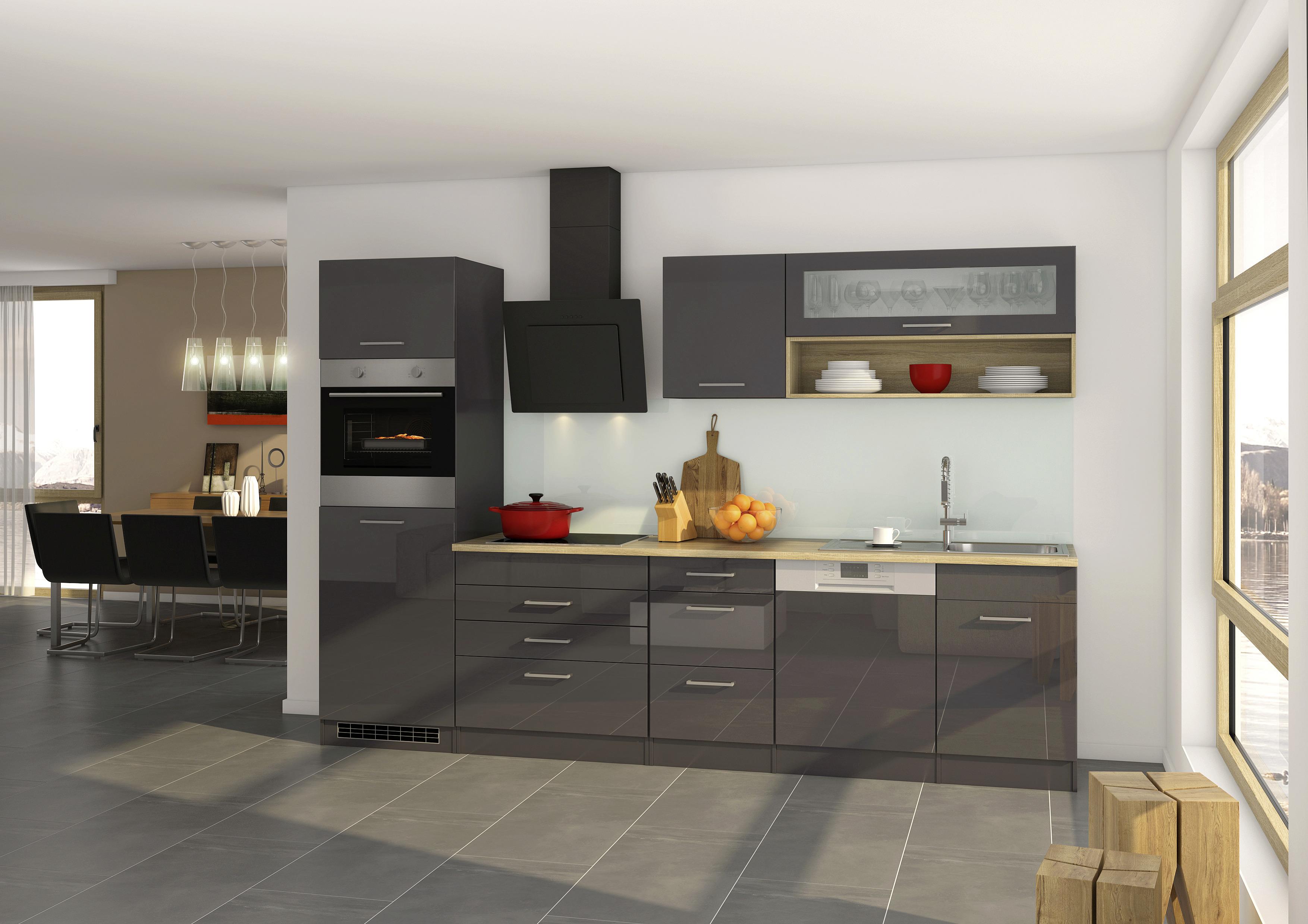 Küchenzeile Mailand mit Geräten 300 cm Anthrazit Hochglanz - Eichefarben/Anthrazit, MODERN, Holzwerkstoff (300cm) - MID.YOU