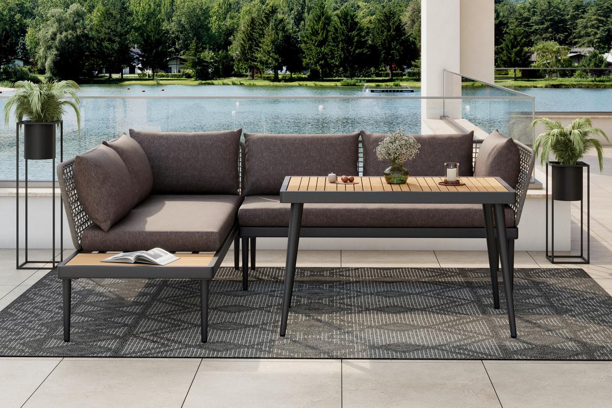Loungegarnitur 3-Tlg Korsika Holz/Metall/Textil mit Kissen - Anthrazit/Grau, MODERN, Holz/Textil - Beldano