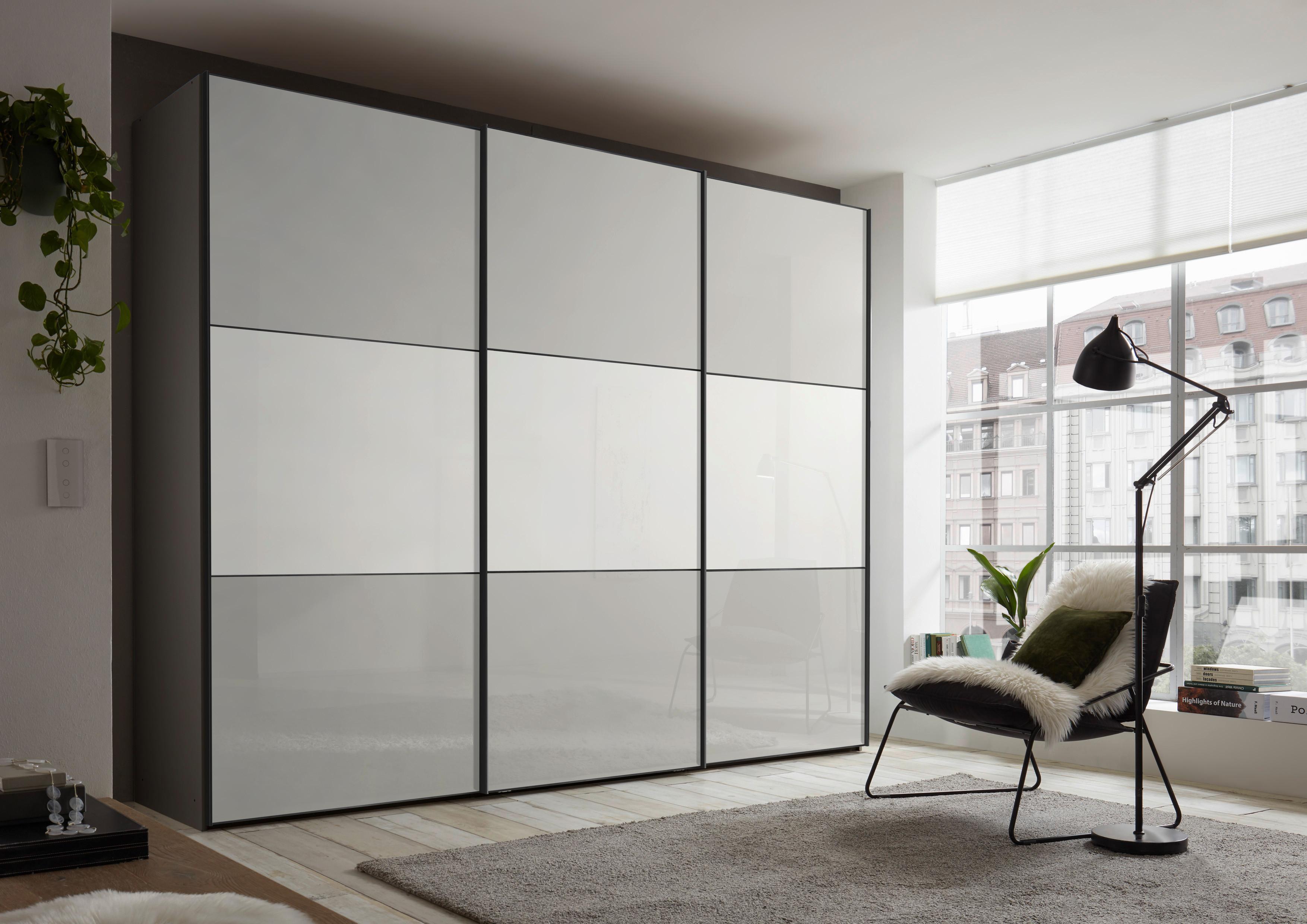 Schwebetürenschrank Glasfront 336 cm Includo, Hellgrau/Weiß