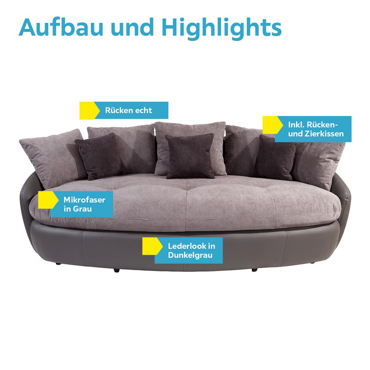 Big Sofa Aruba mit Kissen B: 238 cm Grau/Schwarz Lederlook - Schwarz/Grau, LIFESTYLE, Textil (238/80/140cm) - Luca Bessoni