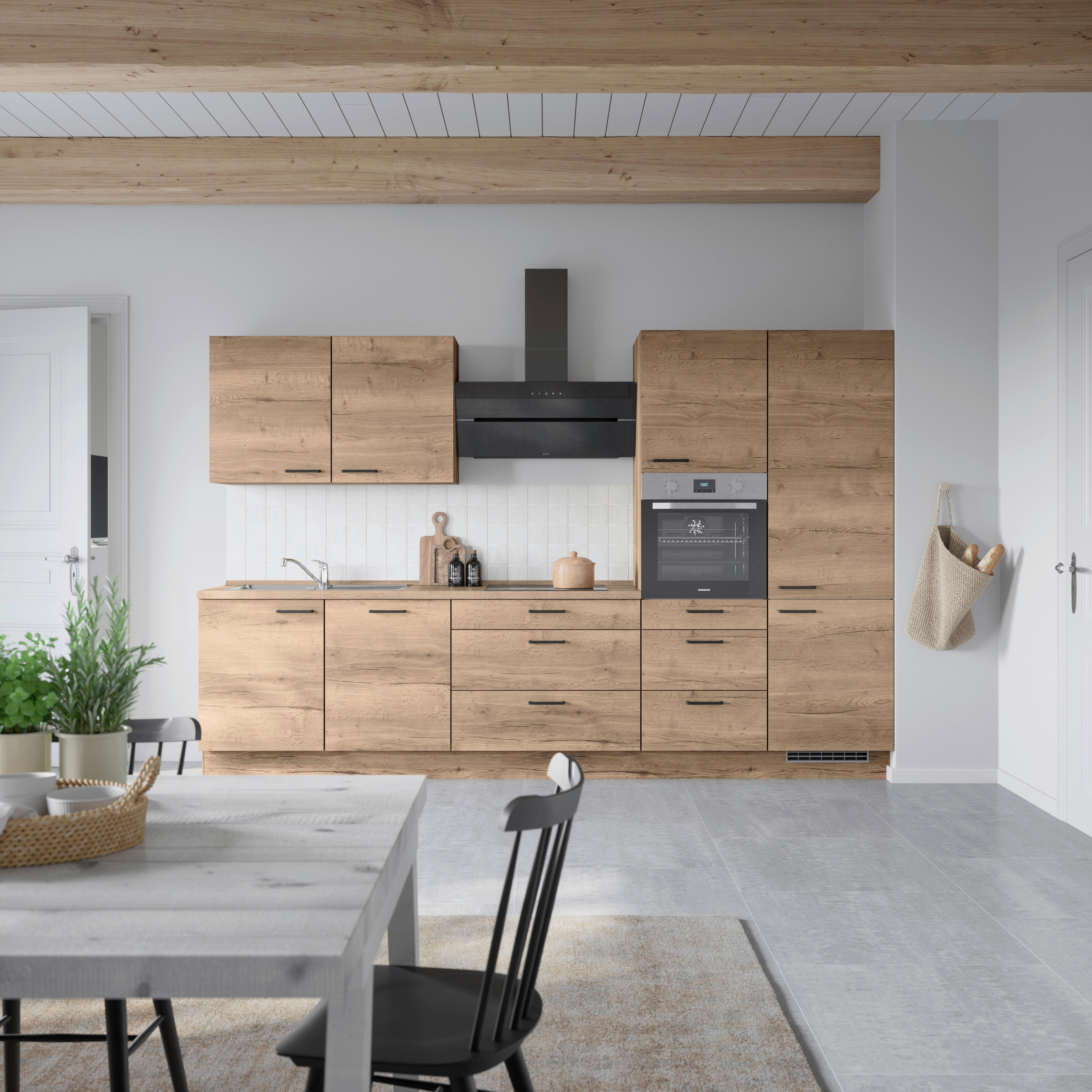 Kuchyňská linka 330 cm, dekor dub Havanna - černá/tmavý dub, Moderní, kov/kompozitní dřevo (330cm) - Nobilia