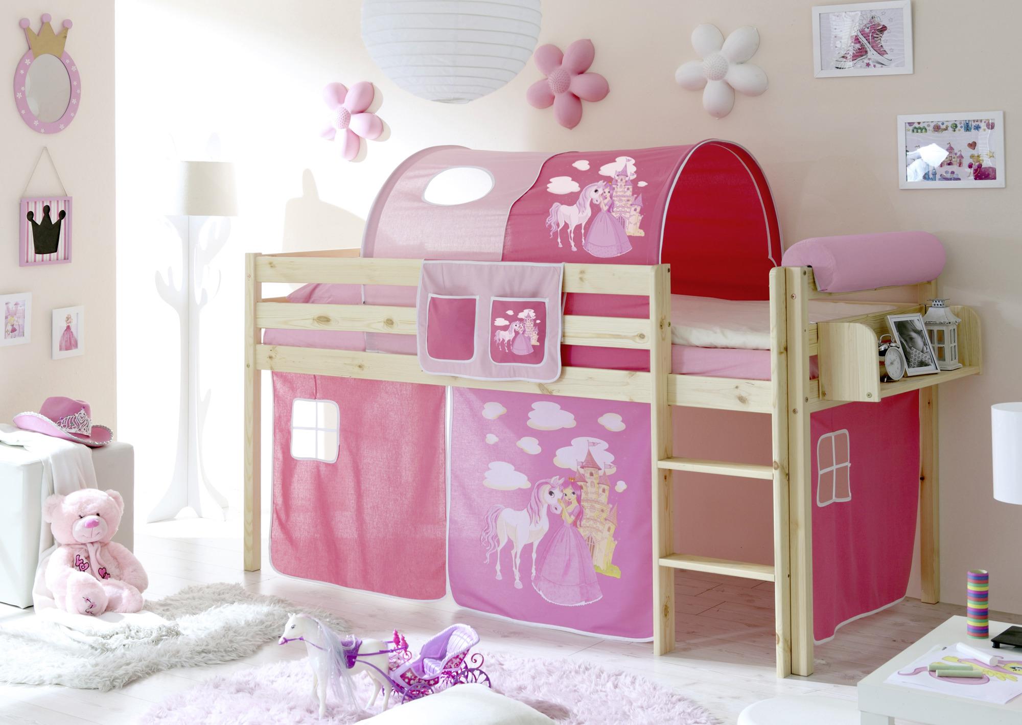 Spielbett Malte Pink Kiefer Massiv 90 cm Vorhang Leiter - Pink/Naturfarben, Natur, Holz (90/200cm) - MID.YOU
