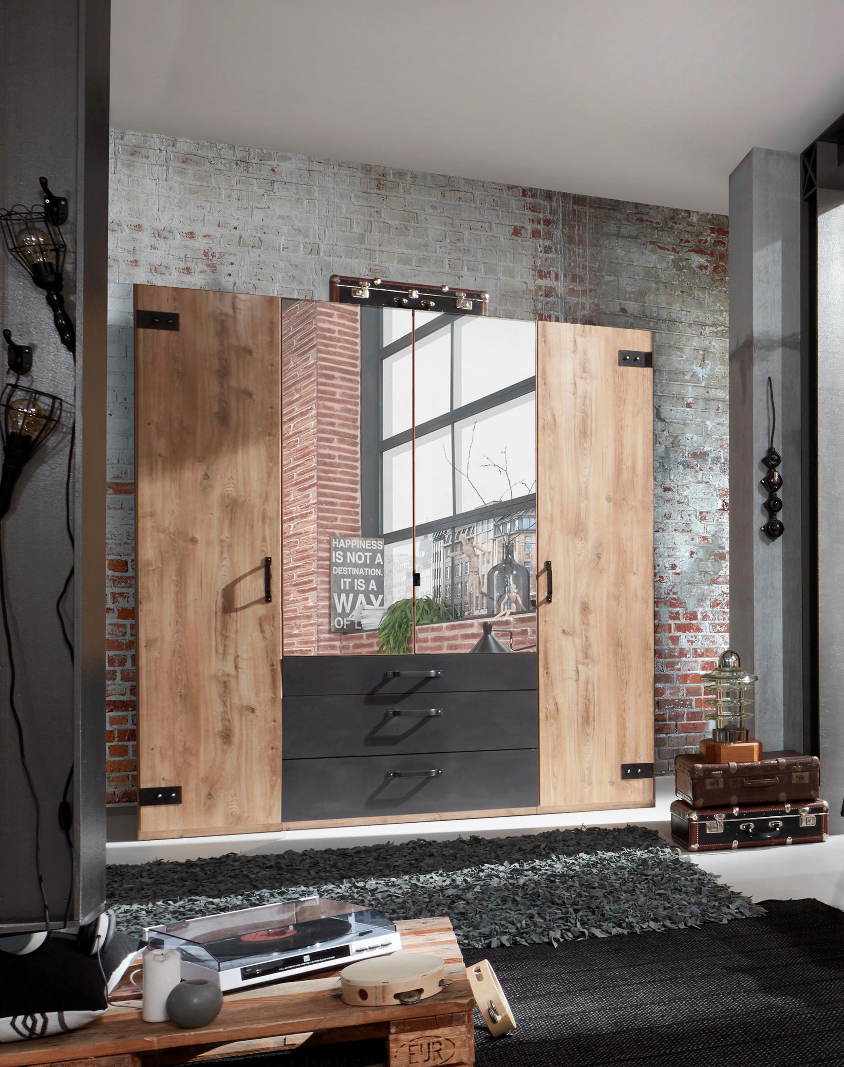 Drehtürenschrank Mit Spiegel + Laden 200cm Detroit, Eiche - Eichefarben/Silberfarben, Basics, Holzwerkstoff (200/216/58cm) - MID.YOU