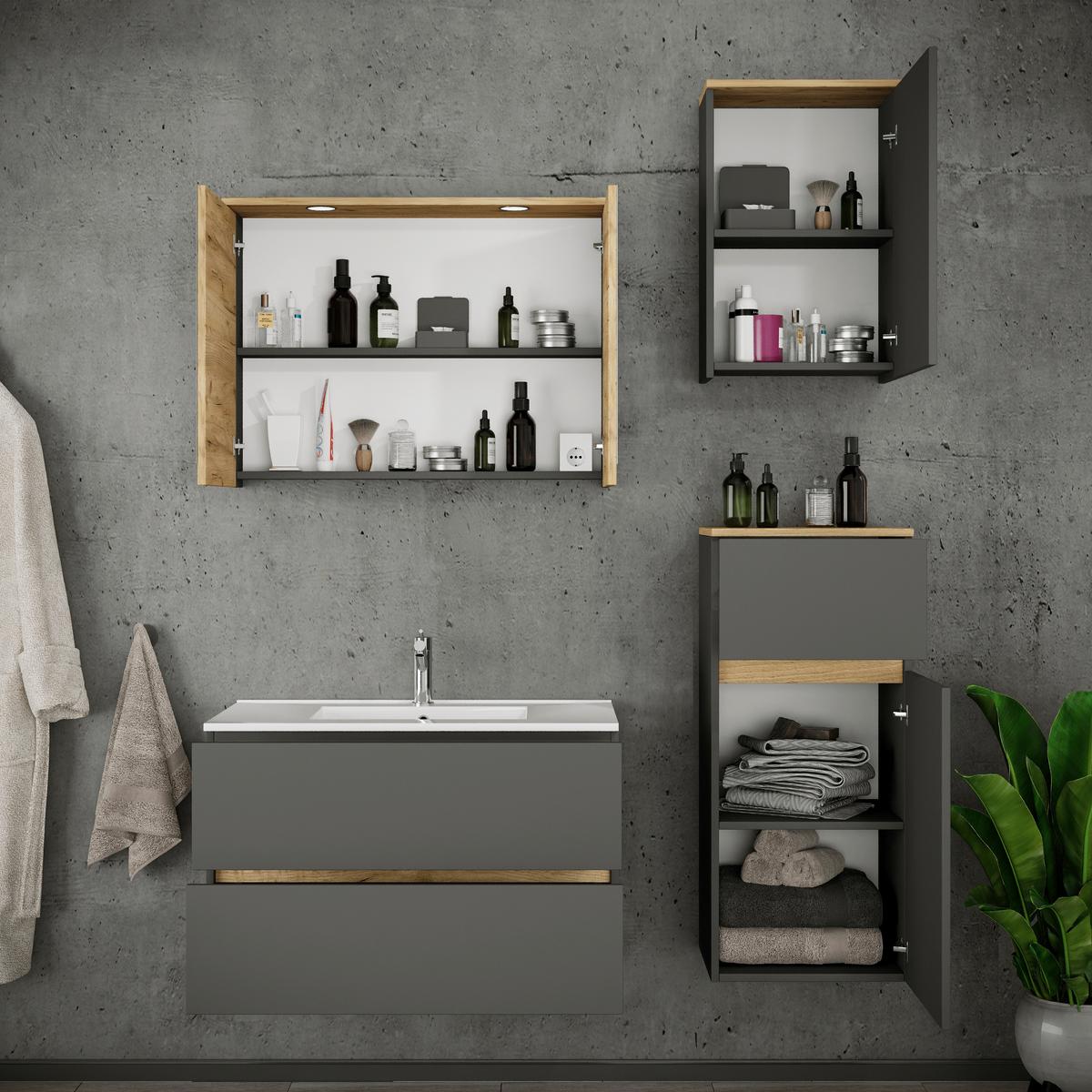 Fürdőszobabútor Cosila - méztölgy színű/antracit, Trend, faalapú anyag/kerámia (121cm) - MID.YOU