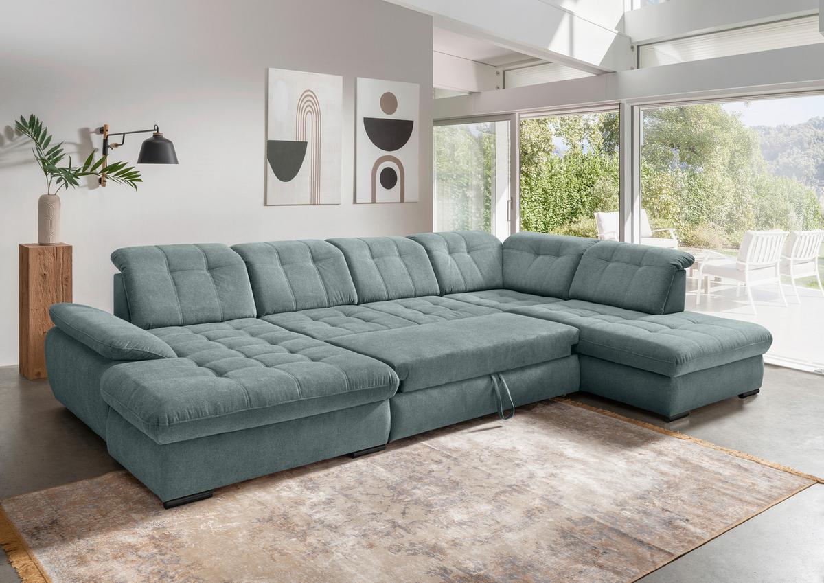 Wohnlandschaft Mit Bettkasten Rigatti Blau B: 387 Cm - Blau/Schwarz, MODERN, Textil (184/387/252cm) - Livetastic